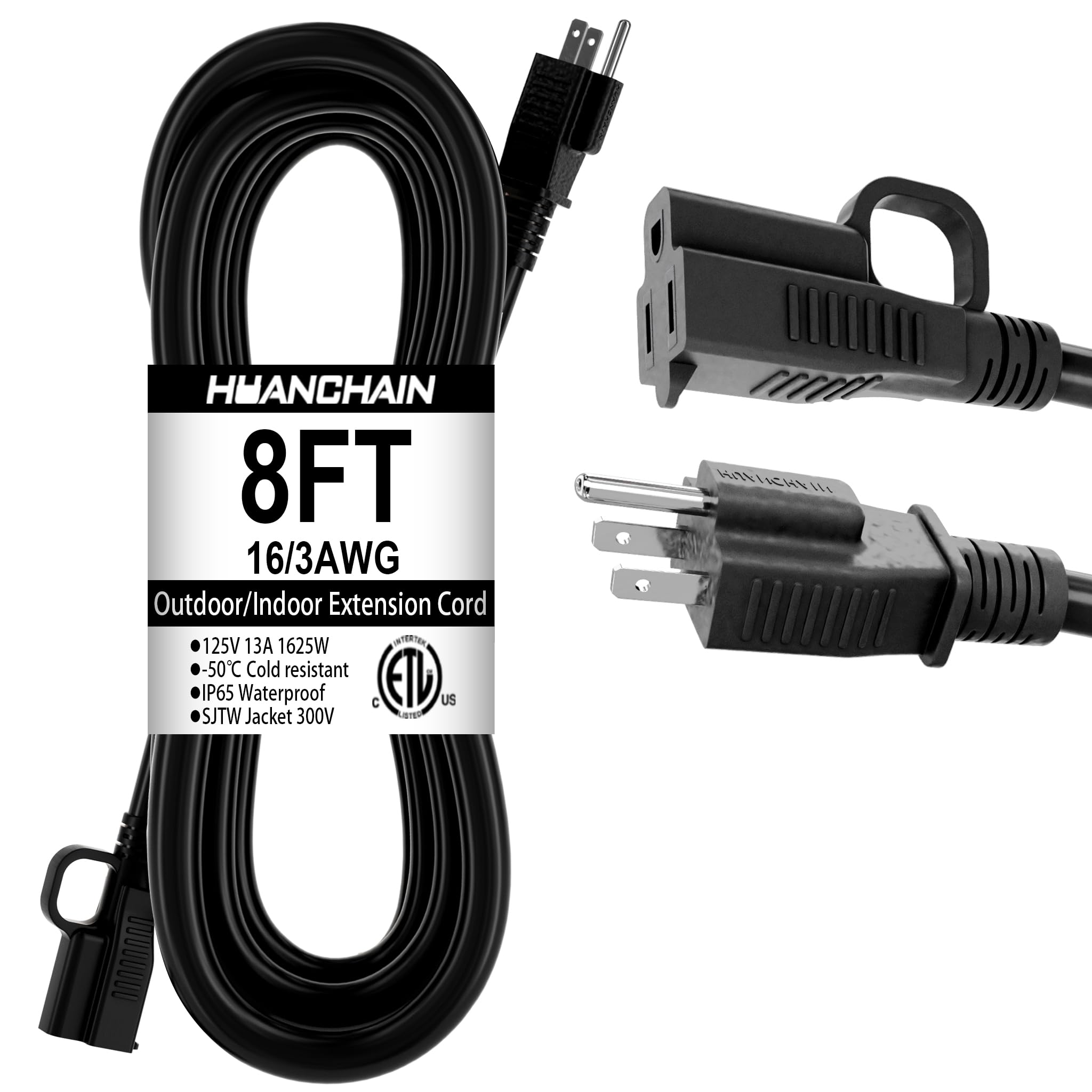 Huanchain Indoor Outdoor Black Extension Cord 8 Ft Waterproof, 16/3 Gauge Flexible Cold Resistant Appliance Extension Cord Outsi