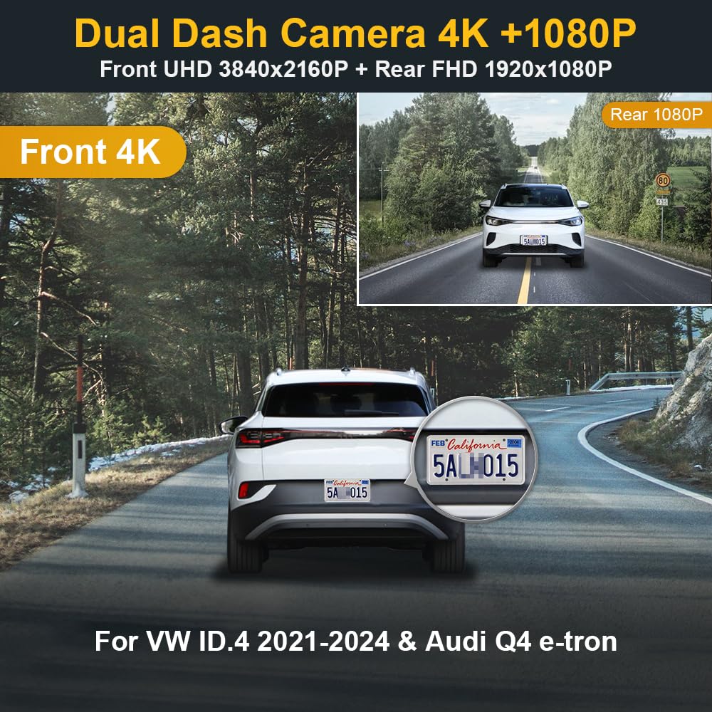 Fitcamx Front 4K+Rear 1080P Dash Cam Suitable For Vw Id.4 2021 2022 2023 2024 & Audi Q4 E Tron 2022 2024, Oem Look, Dual Hd Vide