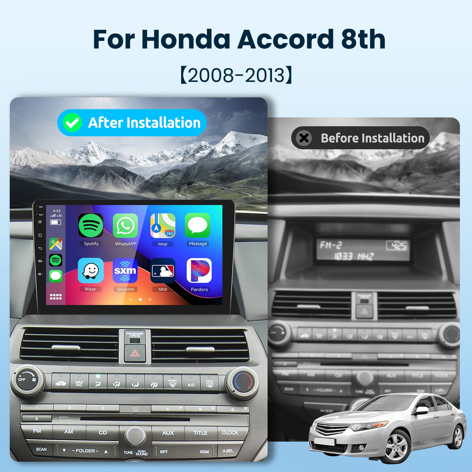 Android Car Stereo For Honda Accord 8Th 2008 2009 2010 2011 2012 2013 Support Wireless Carplay/Android Auto With 10.1 Inch Touchscreen Wifi Gps Navigation Bt Usb Fm/Rds Radio Receiver Backup Camera