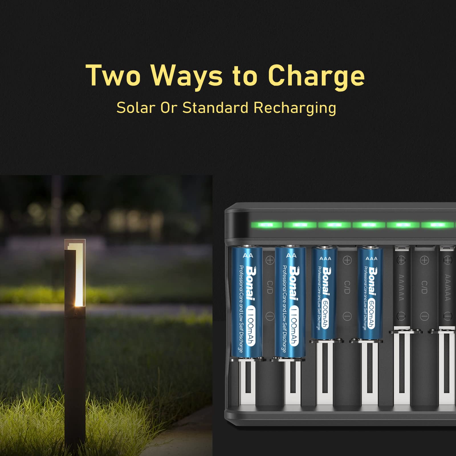 Bonai Solar Aa Rechargeable Batteries, High Capacity 1100Mah Nimh Battery For Outdoor Solar Lights 1.2V Pre Charged Double A Bat