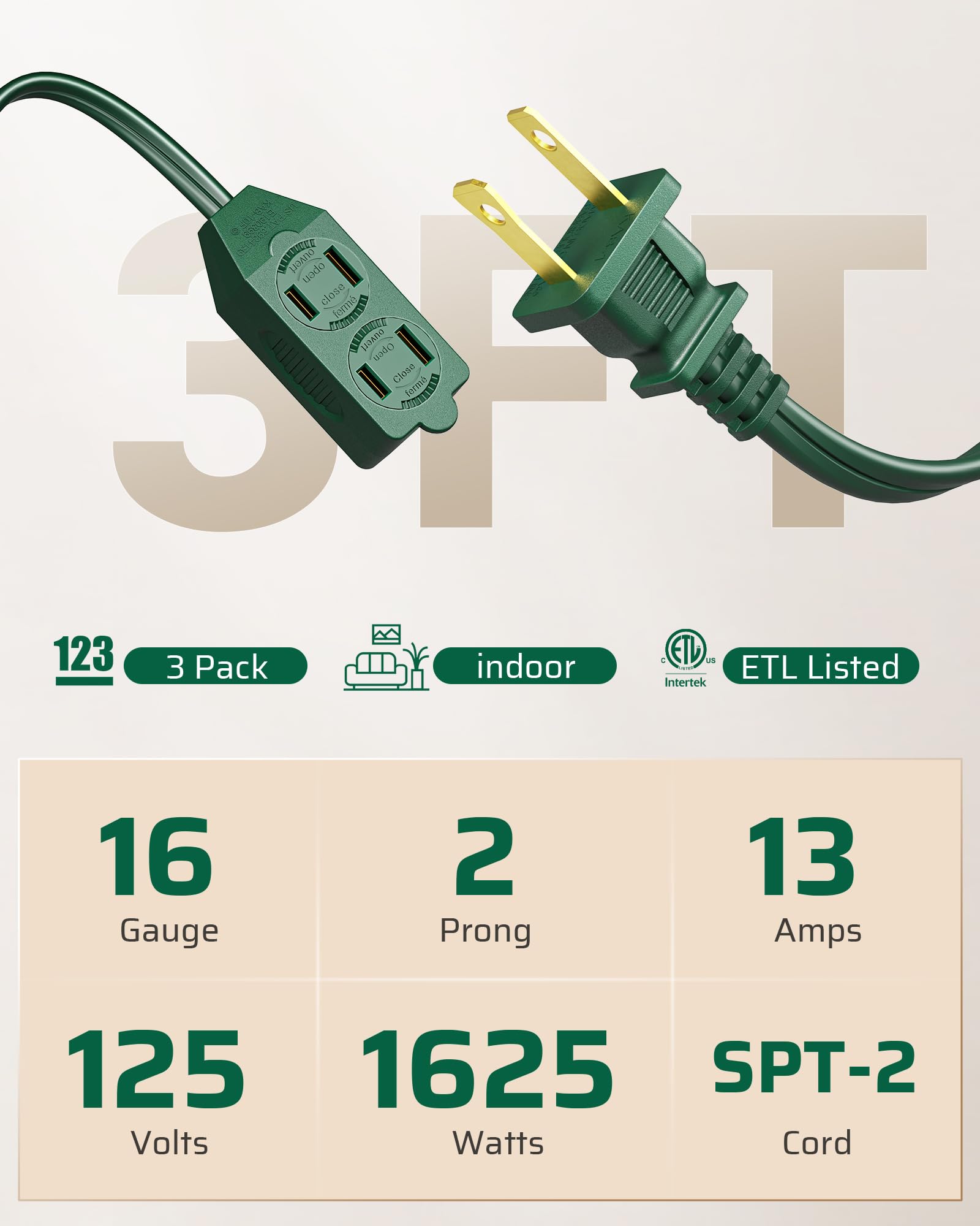 Dewenwils 3 Pack Extension Cord 3 Ft, 16 Awg Extension Cord With Multiple Outlets, 2 Prong Extension Cord For Home Office Garage