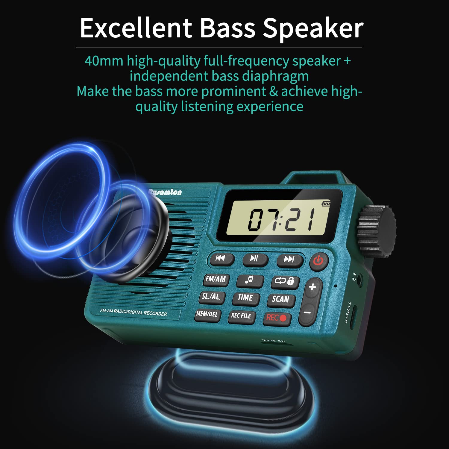 Rysamton Portable Am/Fm Radio, Digital Radio Recorder, Bluetooth 5.0 Radio Speaker, Alarm And Sleep Function, 12/24H Time Displa