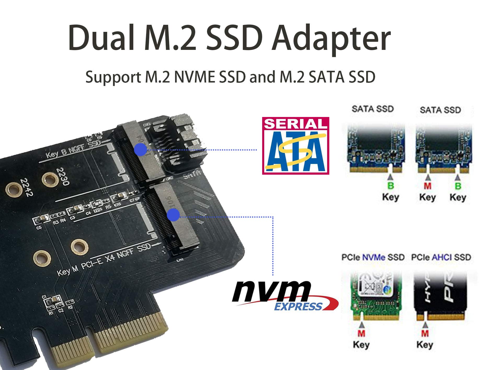 Valuegist Pcie Adapter For One M.2 Nvme Mkey And One Sata Bkey Ssd, Pci E 4.0 X4 Card Supports Ngff M2 M Key Or B Key (M+B) Ssd