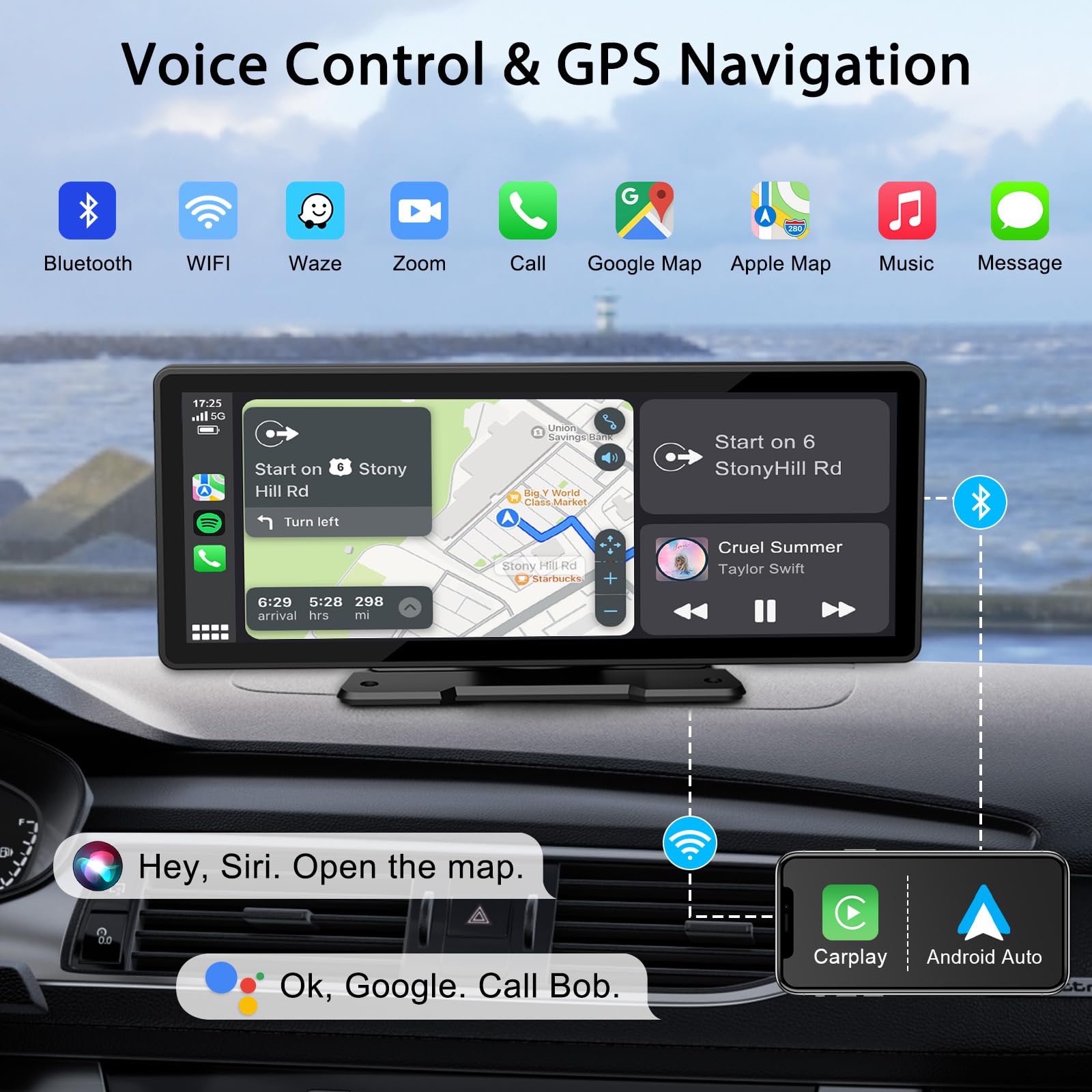 10.26'' Wireless Carplay Screen For Car,Wireless Apple Carplay & Android Auto,Portable Car Stereo With Gps Navigation,Backup Cam