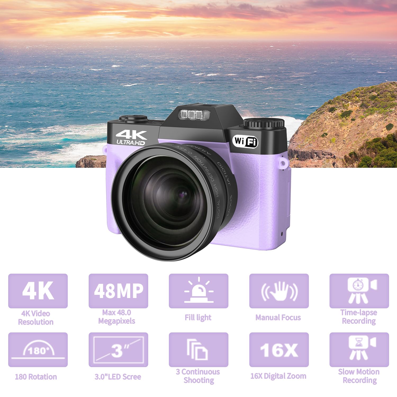 Digital Cameras For Photography, 4K 56Mp Vlogging Camera 16X Digital Zoom Manual Focus Rechargeable Students Compact Camera With 52Mm Wide Angle & Macro Lens, 32G Tf Card And 2 Batteries(Purple)