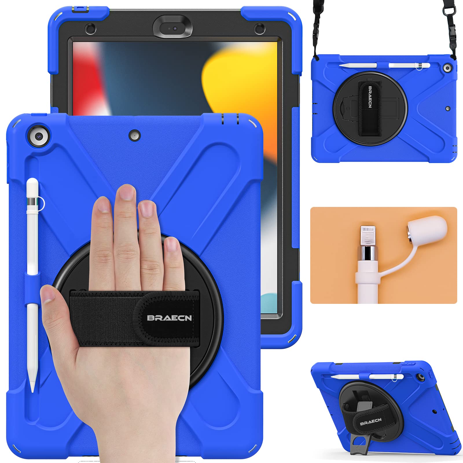 BRAECN for iPad Case 9th/8th/7th Generation, 10.2 Inch iPad Case with Hand Strap, Dropproof Kids Case with Kickstand, Shoulder S