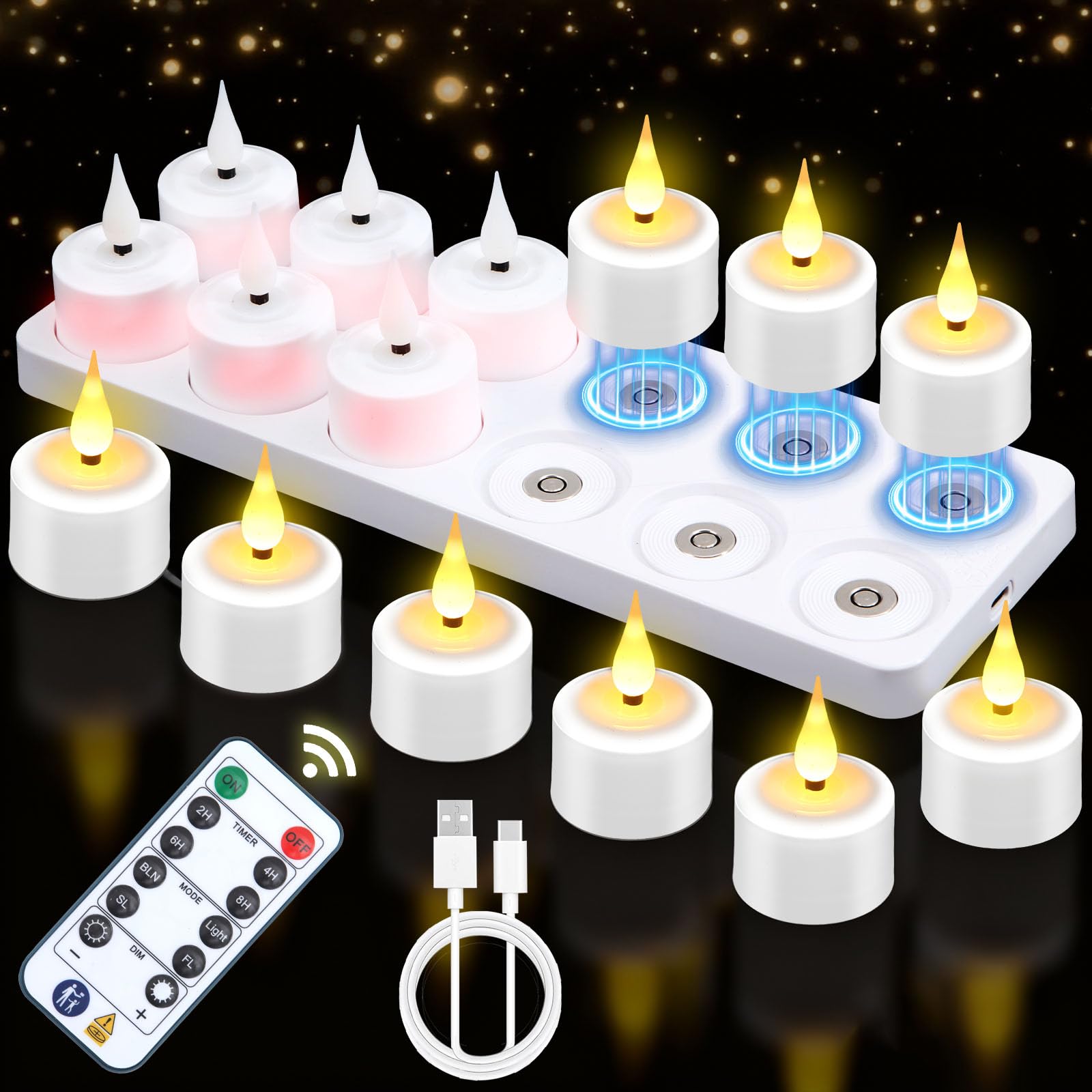 FREEPOWER 12 Pack Rechargeable Tea Lights Candles with Charging Base & Remote Timer, Flameless LED Tealight Candles Battery Oper