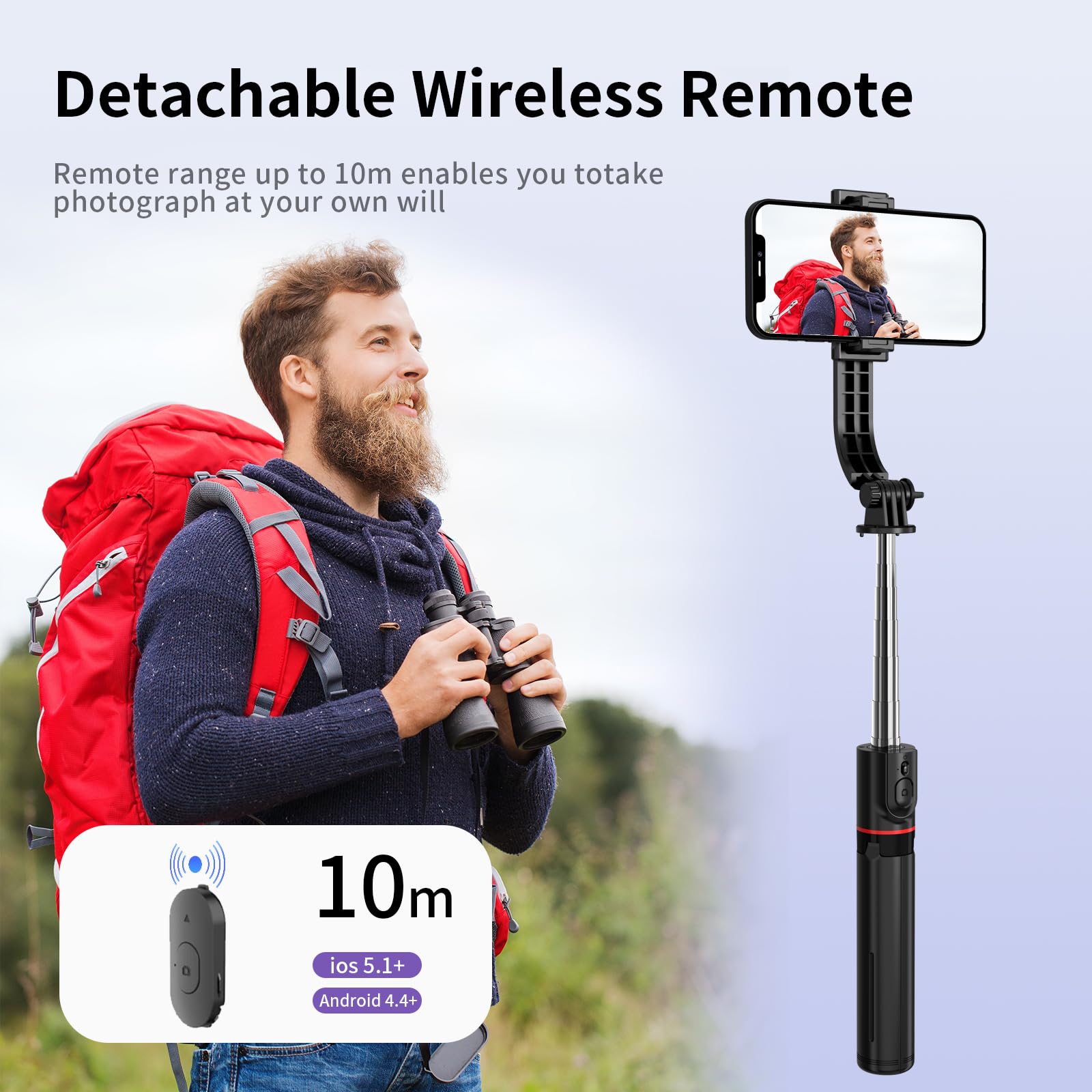 Selfie Stick Tripod, 44 Extendable, 360 Rotatable, Wireless Remote, Detachable Phone Holder, Lightweight & Portable, Compatible