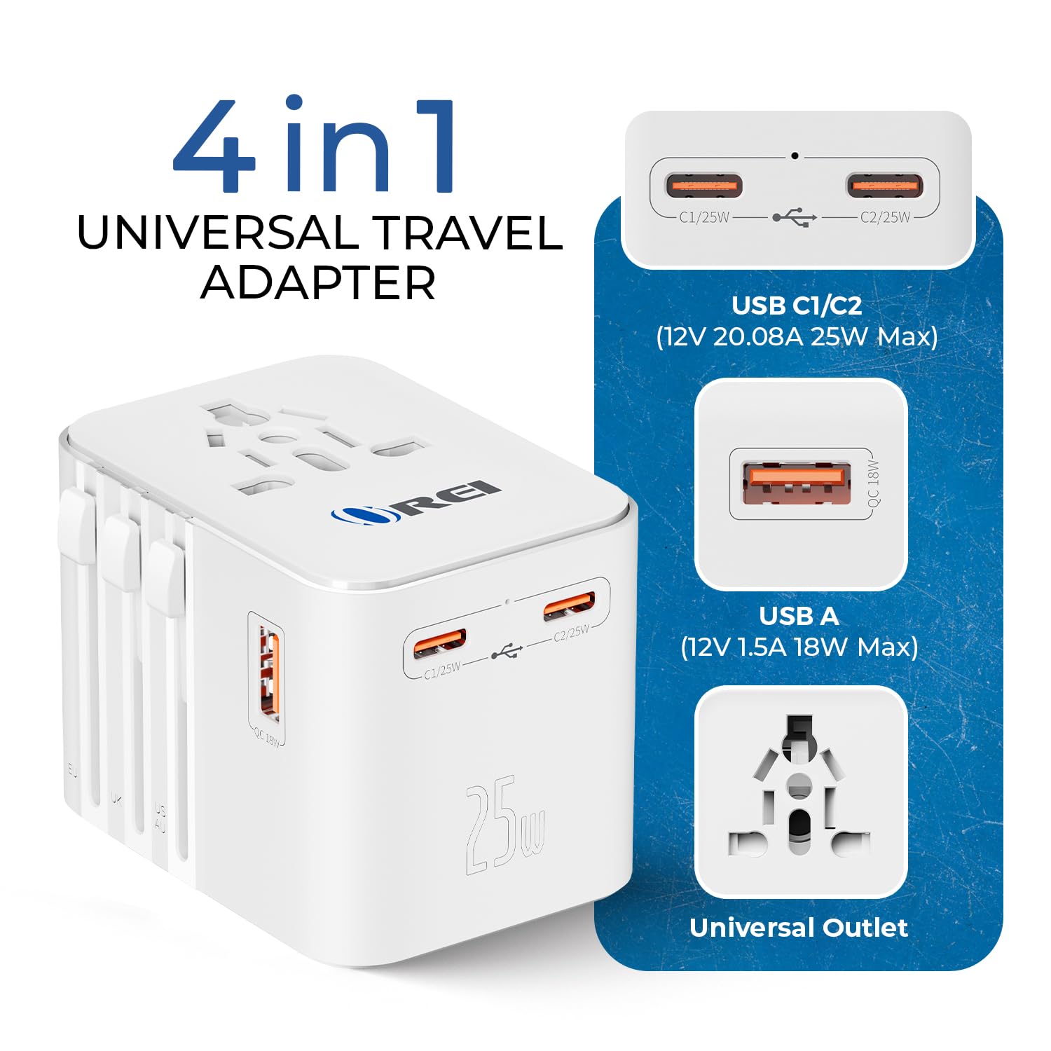Orei 25Watt Universal Travel Adapter | 2X Usbc 1Xusb A   4 In 1 Universal Power Adapter | Universal Chargers For All Devices Com