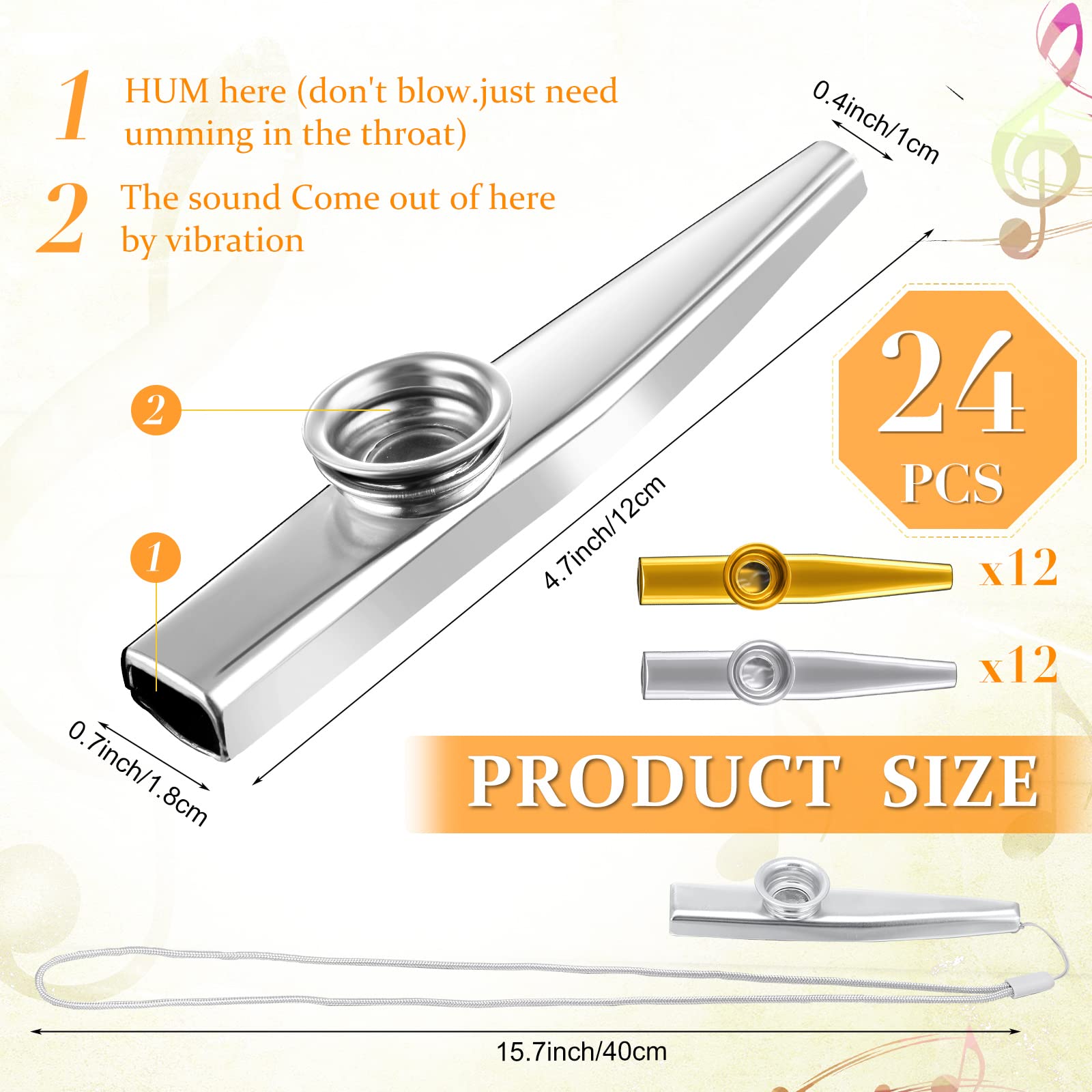 24 Pcs Gold And Silver Metal Kazoo With Lanyards Musical Instruments Mouth Kazoos Good Companion For Guitar Violin Piano Kids Ad