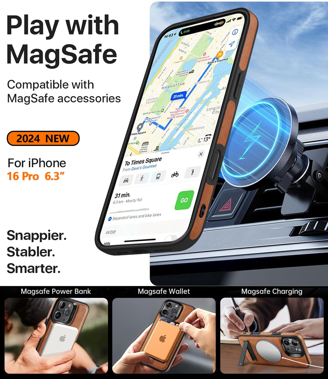 Wtcase Strong Magnetic For Iphone 16 Pro Case Leather,[Compatible With Magsafe], Slim Adjustable Kickstand Case For Iphone 16 Pr
