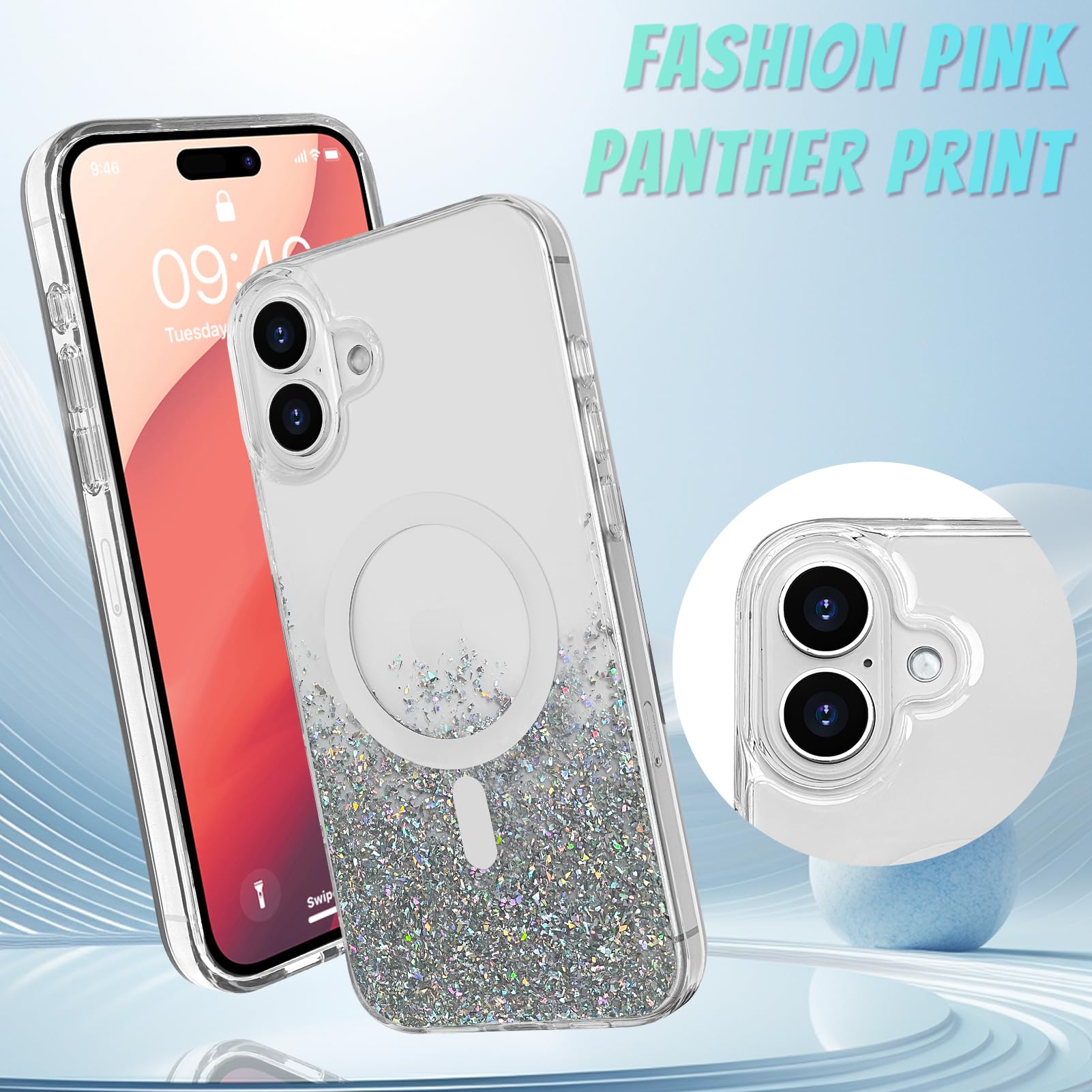 Bonoma For Iphone 16 Plus Case, Sparkly Glitter Bling Back, Magnetic Support For Magsafe Shockproof Case, Crystal And Clear High