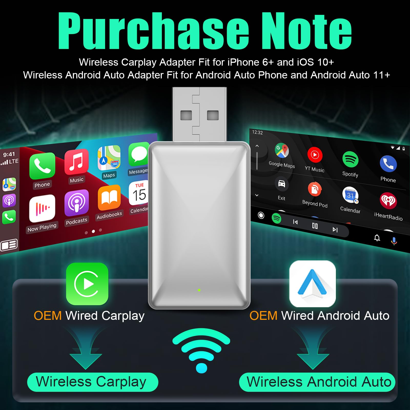 2 In 1 Android Auto Wireless Adapter,Wireless Carplay Adapter For Iphone,Wired To Wireless Adapter For Wired Cars,Plug And Play,