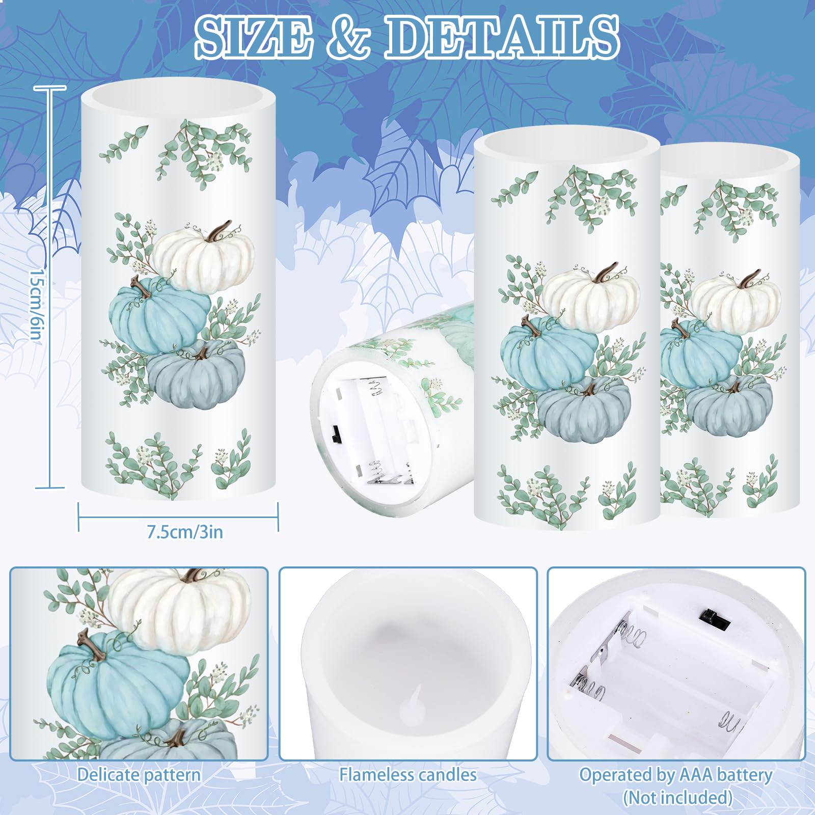 Whaline Fall Led Flameless Candles Blue Pumpkin Warm Light Battery Operated Pillar Candles Autumn Electric Flickering Candles Fo