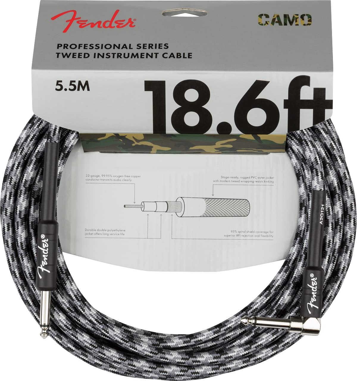 Fender Professional Instrument Cable 18.6Ft Straight Angle Winter Camo   1 Pack