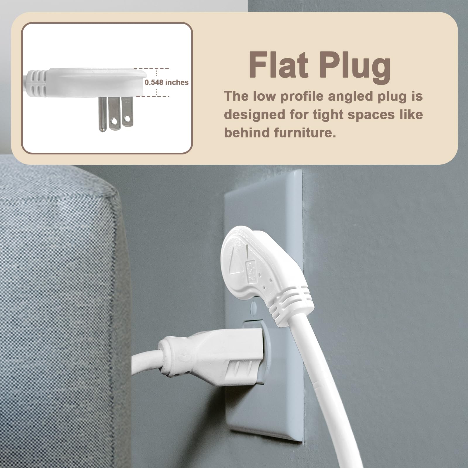 Ultra Explore 25 Ft Flat Plug Extension Cord, 16 Awg 3 Prong Grounded Extension Cord White Flat Plug, Low Profile Extension Wire