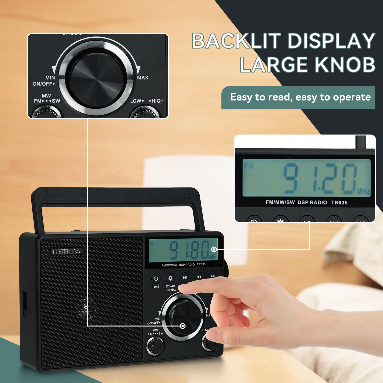 Retekess Tr635 Portable Digital Radio,Am Fm Shortwave Radio With Best Reception,Backlight Lcd Display,Clock,Battery Operated Radio Or Ac Power,For,Elder,Home