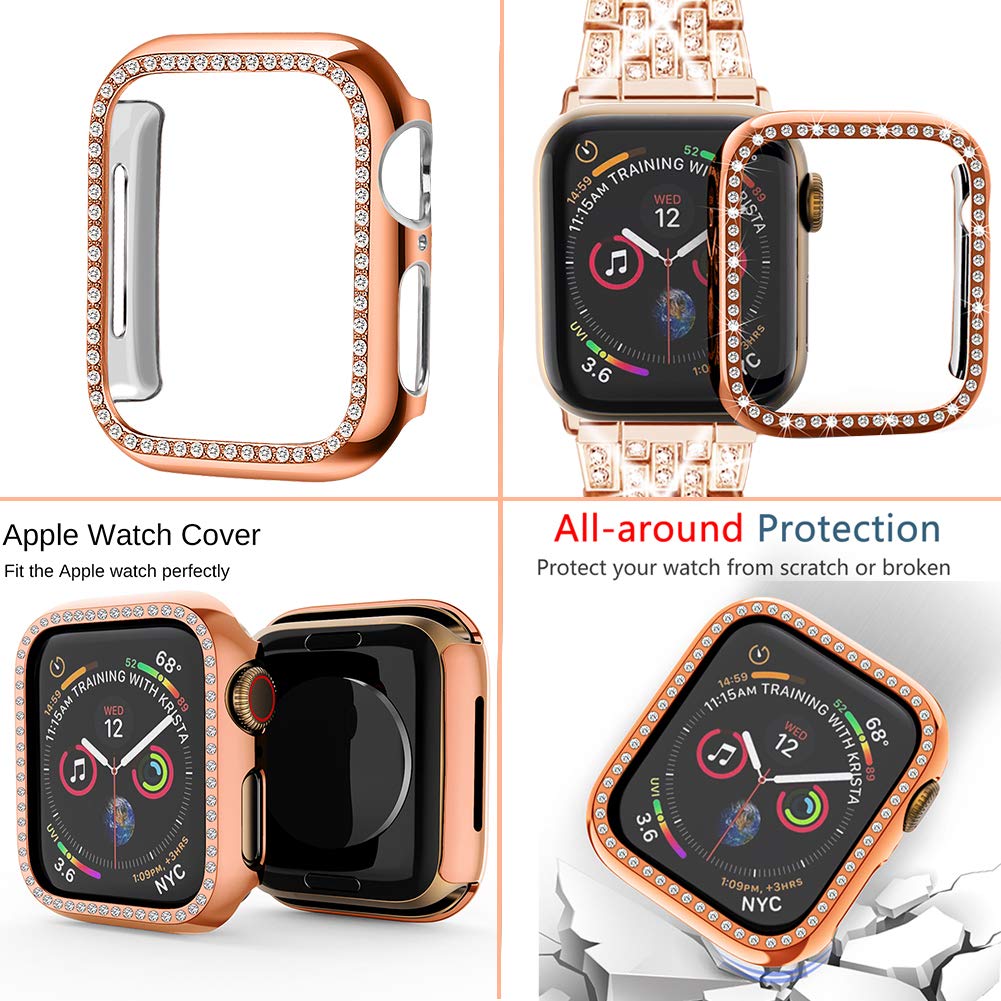 Supoix Compatible With Apple Watch Band 49Mm + Case, Women Jewelry Bling Diamond Replacement Metal Strap & Soft Tpu Bumper Prote