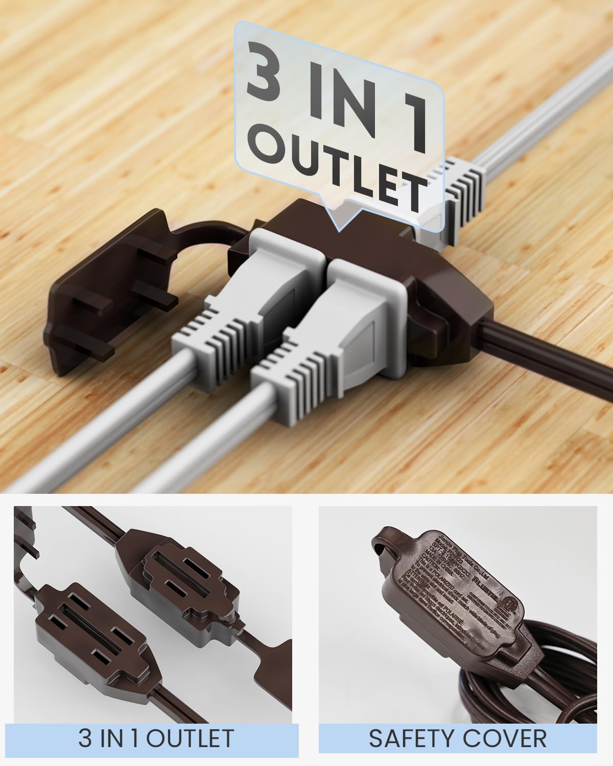 Plugtul Indoor Extension Cord 3 Ft, 2 Prong Brown Extension Cord, 3 Polarized Outlets With Safety Cap Protect For Home Office, 1
