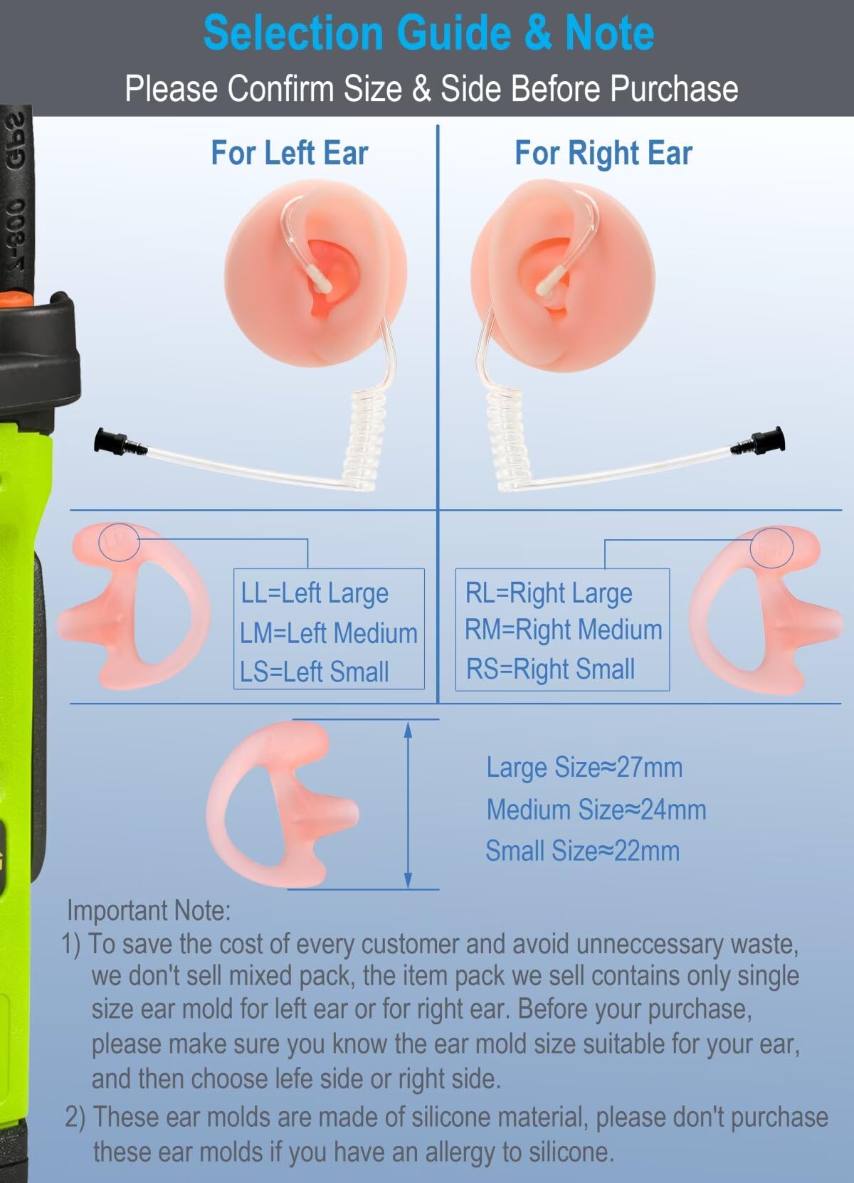 Commountain Soft Earmold For Walkie Talkie Acoustic Tube Earpiece, Silicone Ear Buds Earplug Compatible For Motorola Kenwood Baofeng Coil Tube Earpieces Etc, 6 Pack