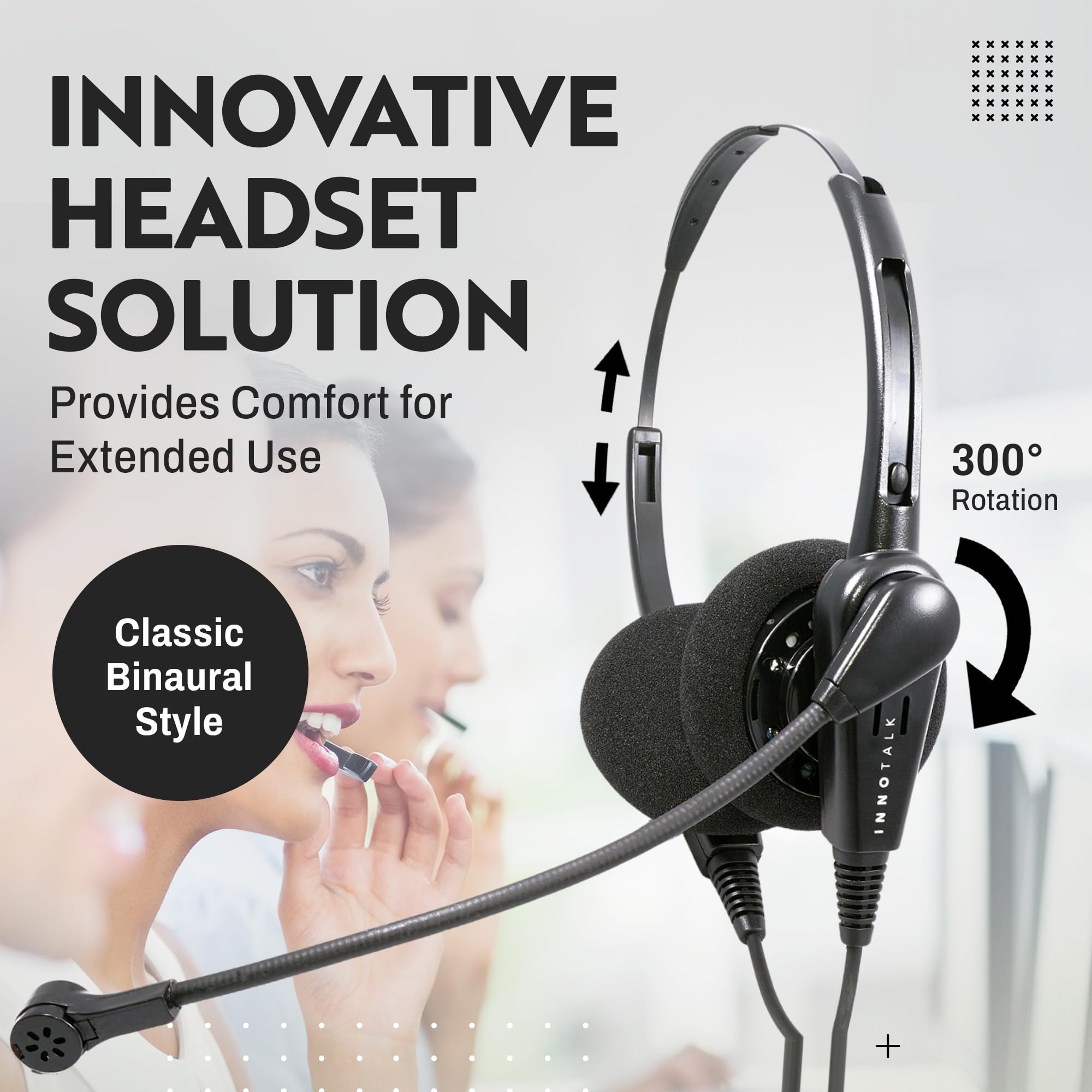 Innotalk   Rj9 Classic Binaural Office Phone Headset & Qd Pigtail Adapter With Noise Canceling Mic, Call Center Phone Headset, H