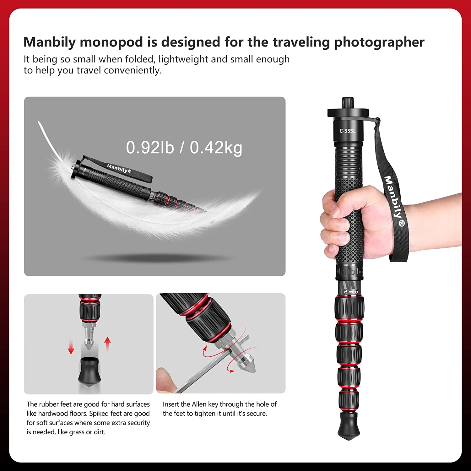 Monopod For Camera, Manbily Camera Monopod Carbon Fiber Portable Compact Lightweight Travel Monopod With Walking Stick Handle For Dslr Canon Nikon Sony Video Camcorder (Carbon Fiber, Red&Black)