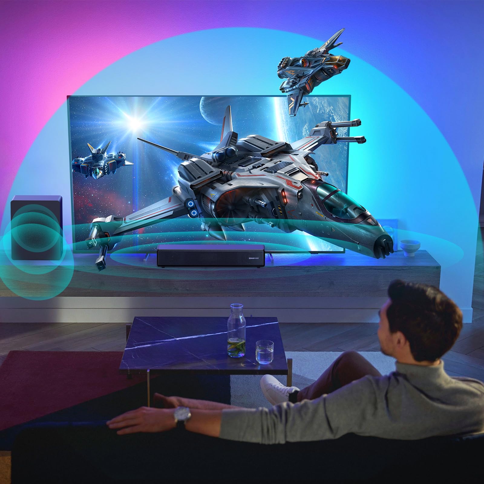 Geoyeao 2.1 Ch Soundbar With Subwoofer, Dolby Digital 100W Sound Bars Tv Speaker Home Theater Audio Surround Sound System, Hdmi