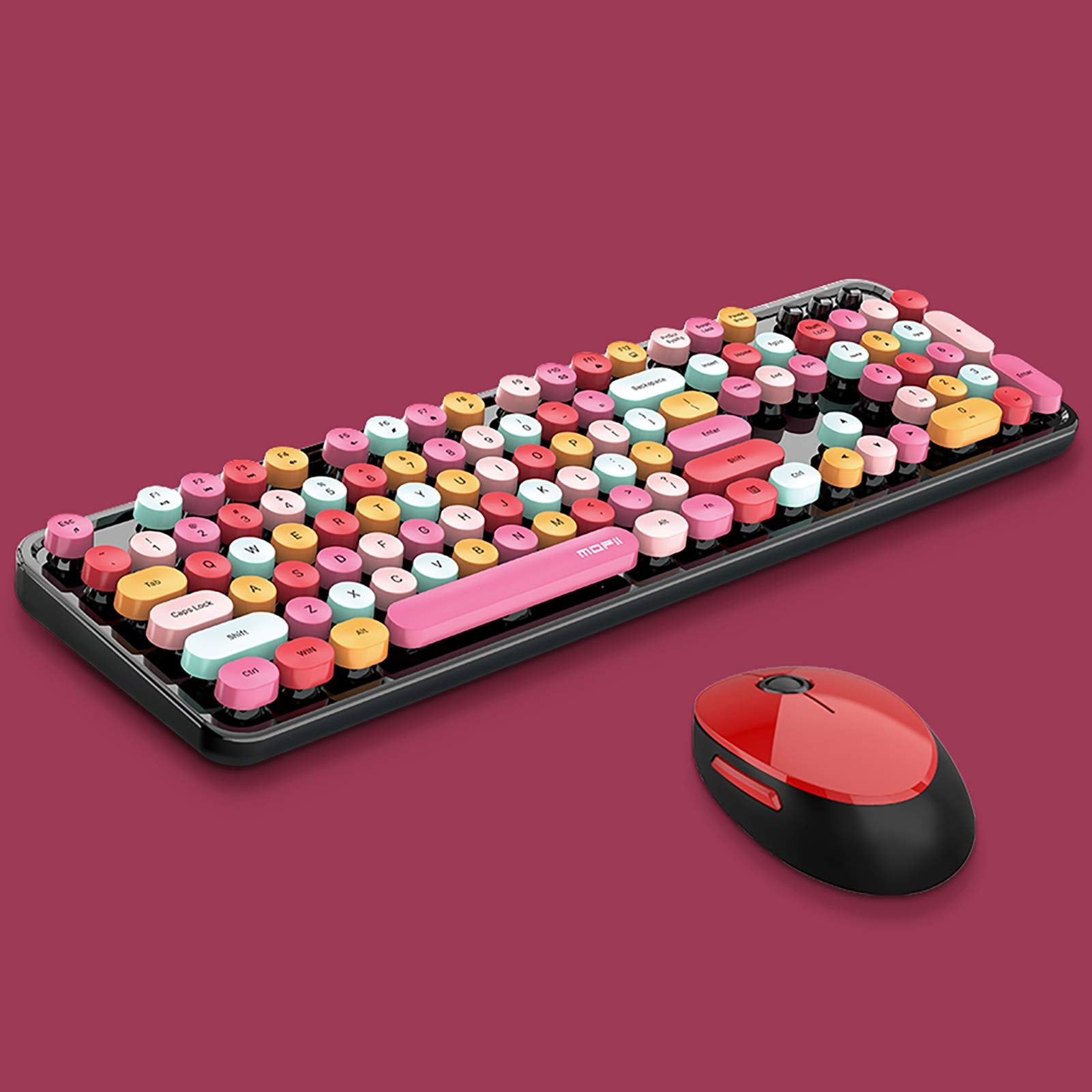 2.4G Full Size Wireless Keyboard And Mouse Combo, Multi Color Typewriter Style Round Keycap, Cute Candy Colors, Compatible With