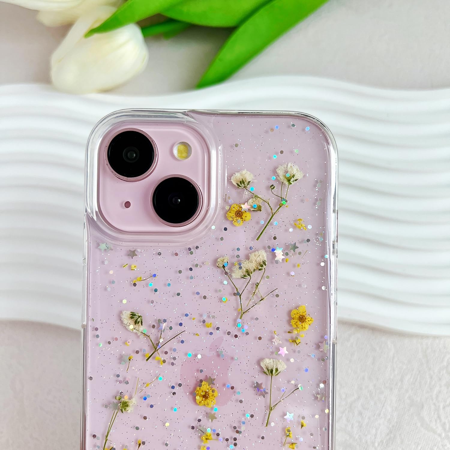 Lseeka For Iphone 13 Mini/Iphone 12 Mini Clear Case With Pressed Real Flowers Design,Glitter Cute Yellow Floral Slim Soft Tpu Pr
