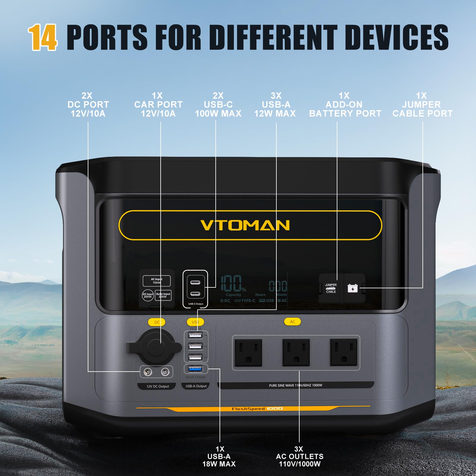 Vtoman Flashspeed 2376Wh Portable Power Station Bundle (Extra Battery&110W Solar Panel Included) 1000W Lifepo4 Battery Solar Gen