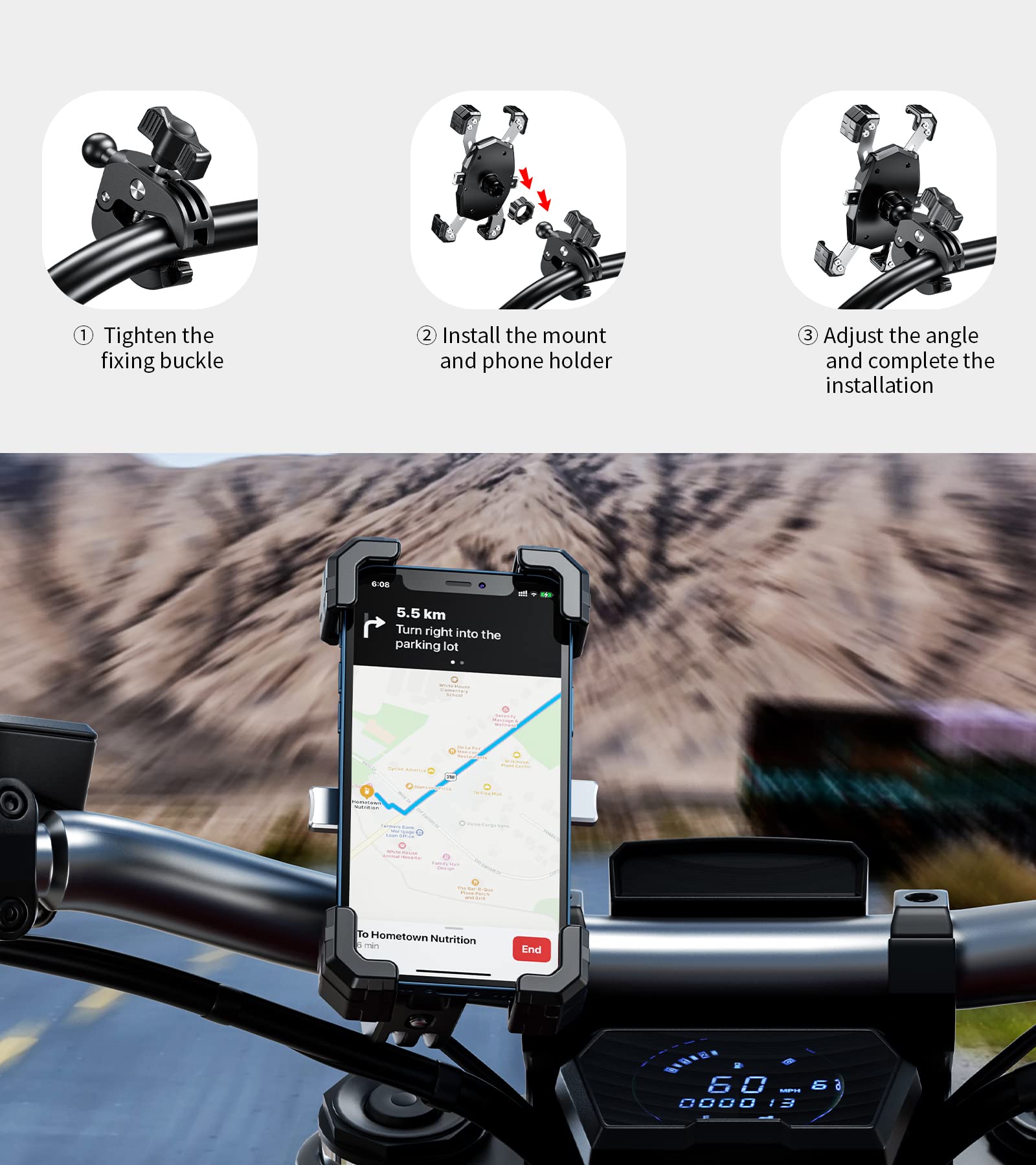 Kewig Motorcycle Phone Mount, Bike Phone Mount Upgrade Quick Install Handlebar Clamp, Bike Phone Holder For Scooter Clip Mount F