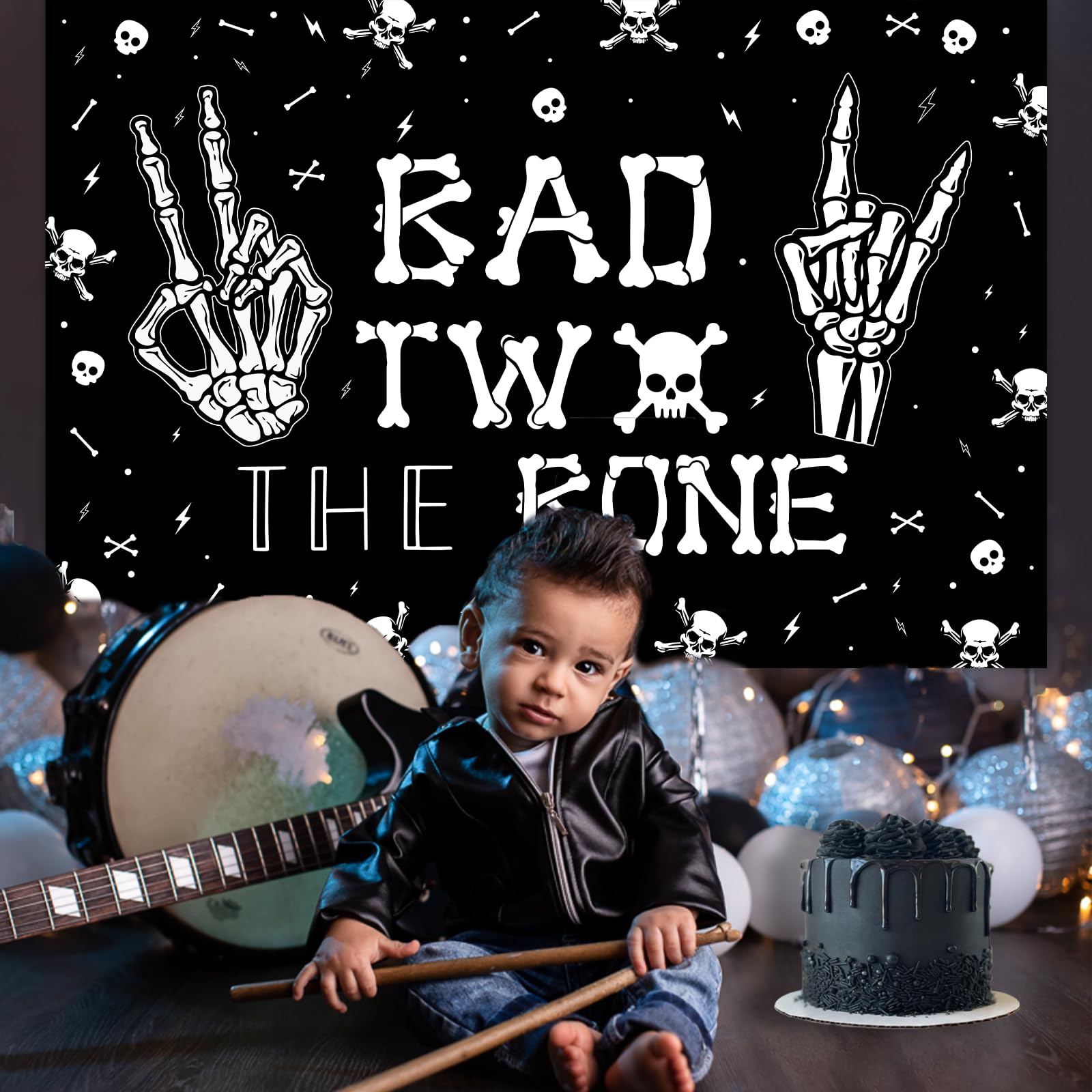 Kreat4Joy Bad Two The Bone Backdrop Banner 7 X 5 Ft, Skeleton Theme 2Nd Birthday Decorations For Music Rock And Roll Birthday Pa