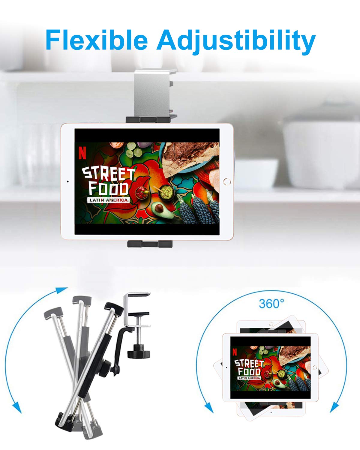Woleyi Kitchen Cabinet Tablet Mount, Easy Install Under Cabinet Tablet & Phone Clamp Holder Stand For Ipad Pro 9.7, 10.5, 12.9 A
