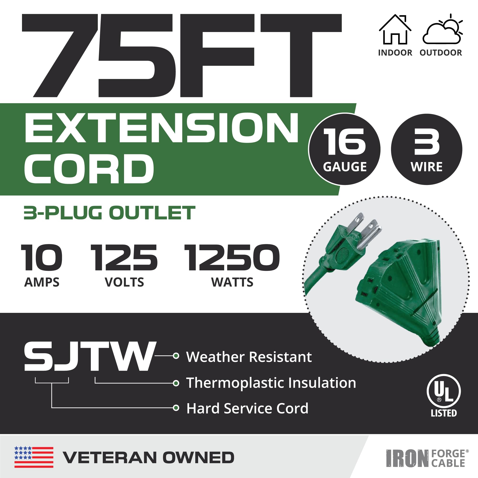 Iron Forge Cable 3 Outlet Outdoor Extension Cord 75 Ft, 16/3 Heavy Duty Green Extension Cord With Multiple Outlets 3 Prong, Weat