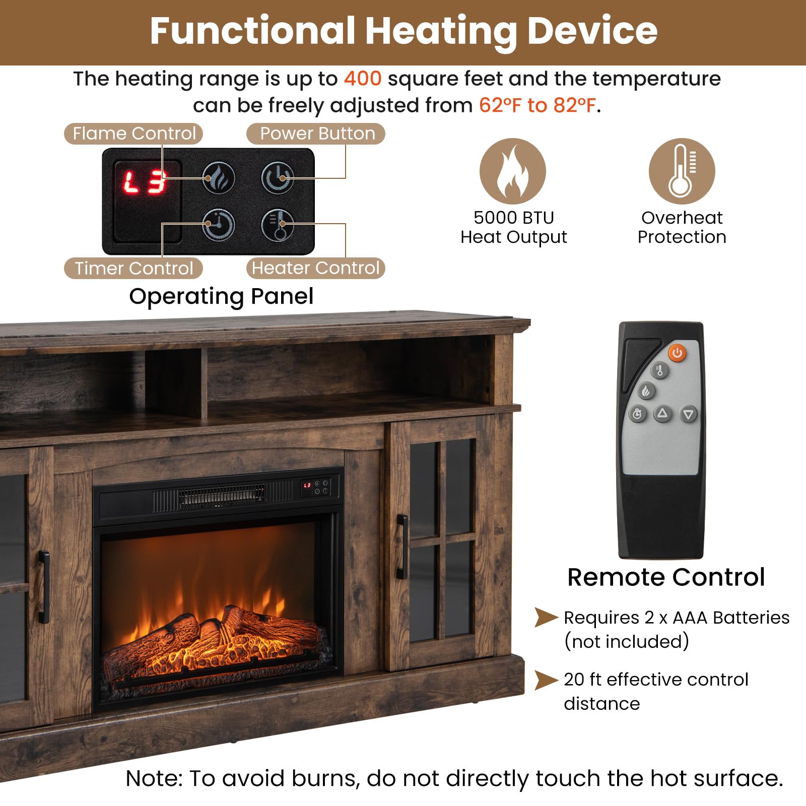 Goflame 58'' Tv Stand With Electric Fireplace Insert, Fireplace Entertainment Center With Side Cabinets & Adjustable Shelves, Ov