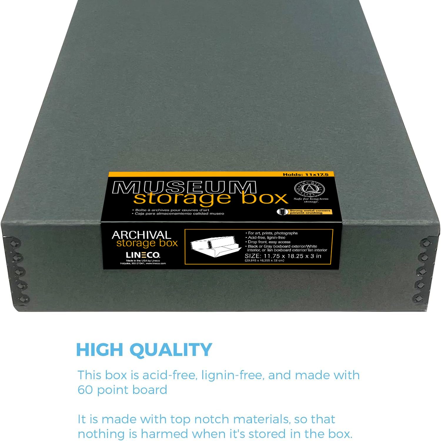 Lineco, Gray 11X17 Museum Storage Box Removable Lid And Drop Front Design. Archival With Metal Edge. Preserve Longevity, Store Photos, Documents, Crafts, Cards, Magazines, Prints, Diy, Pack Of 2