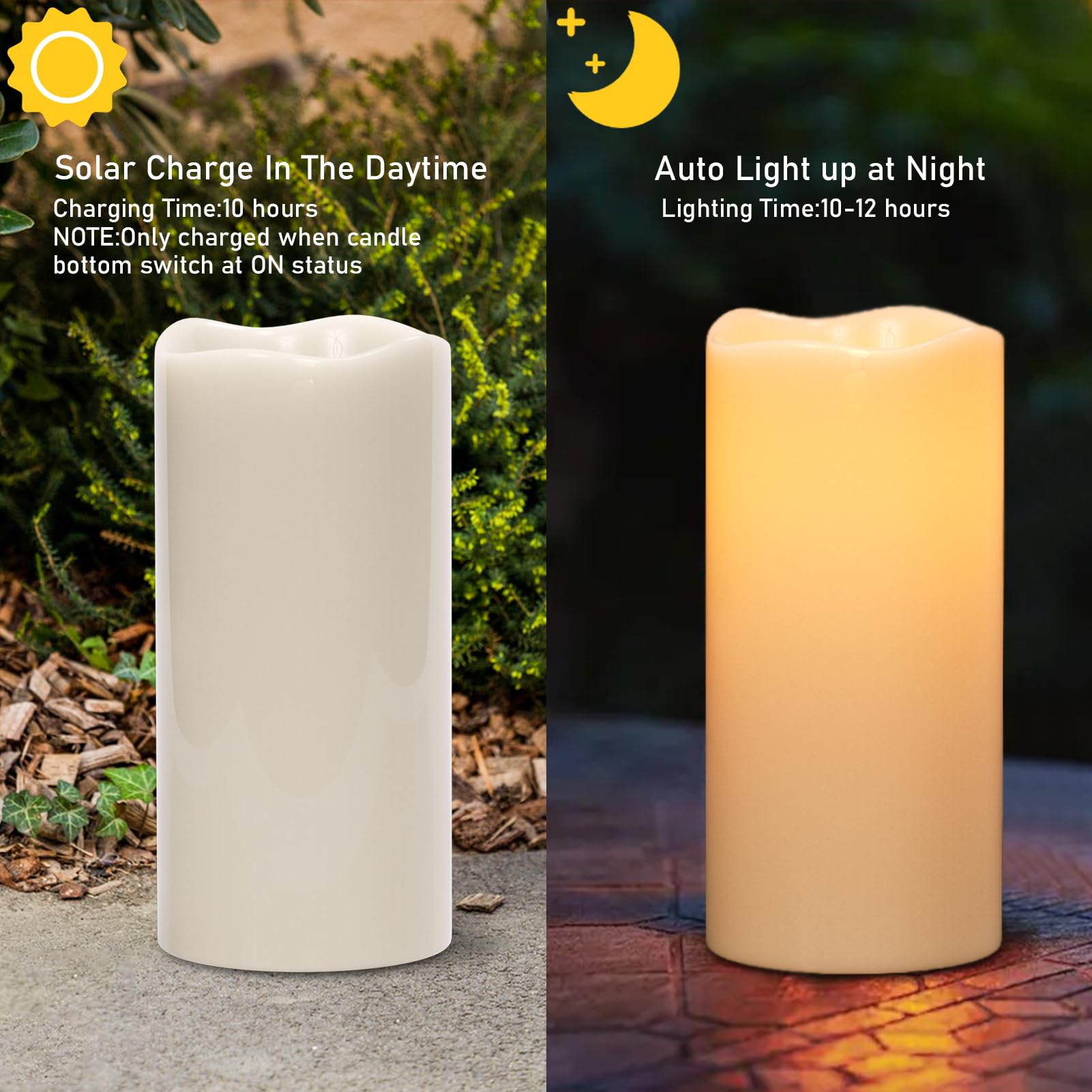 Eldnacele Large Solar Flameless Flickering Candles Outdoor Waterproof, Solar Powered Dusk To Dawn White Plastic Led Pillar Candl