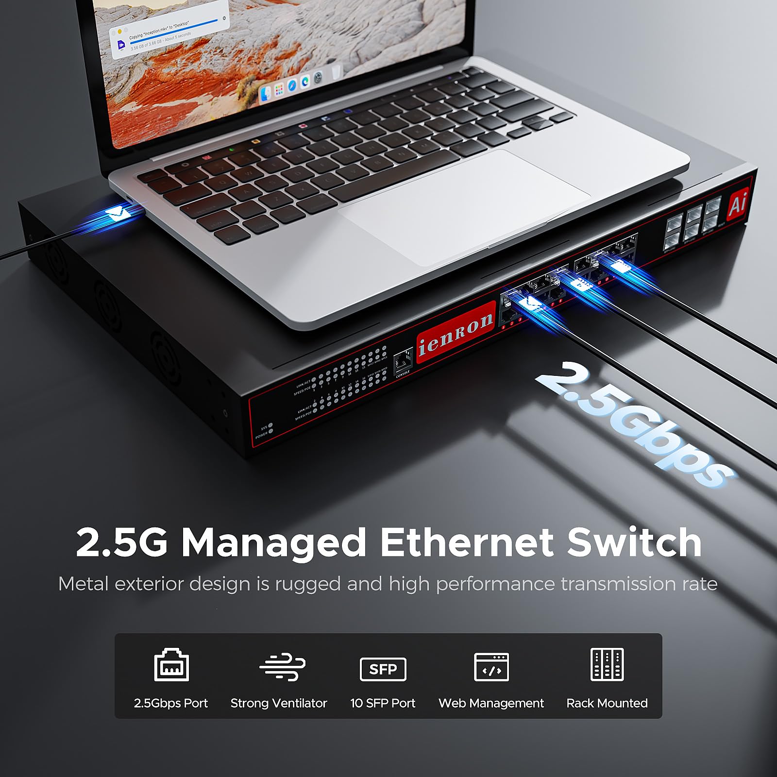 Ienron 22 Port 2.5G Managed Layer 3 Network Switch, 16 X 2.5 Gigabit Base T Ports, 6 X 10 Gigabit Sfp Switch, Ethernet Switch, S