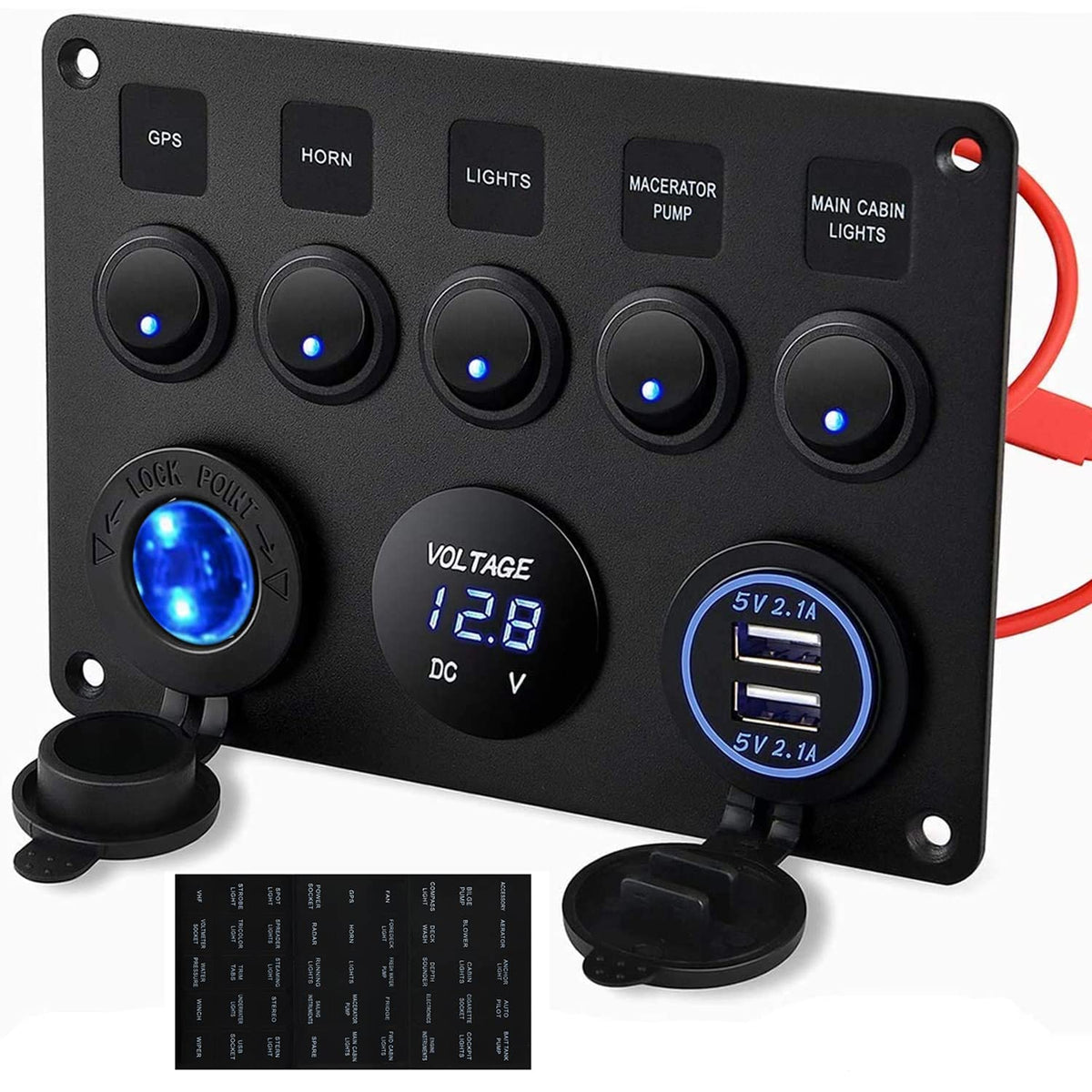 Kohree 5 Gang Rocker Switch Panel 12V Waterproof Toggle Switch Panel Led Aluminum Digital Voltmeter Display Qc 3.0 Dual Usb Char