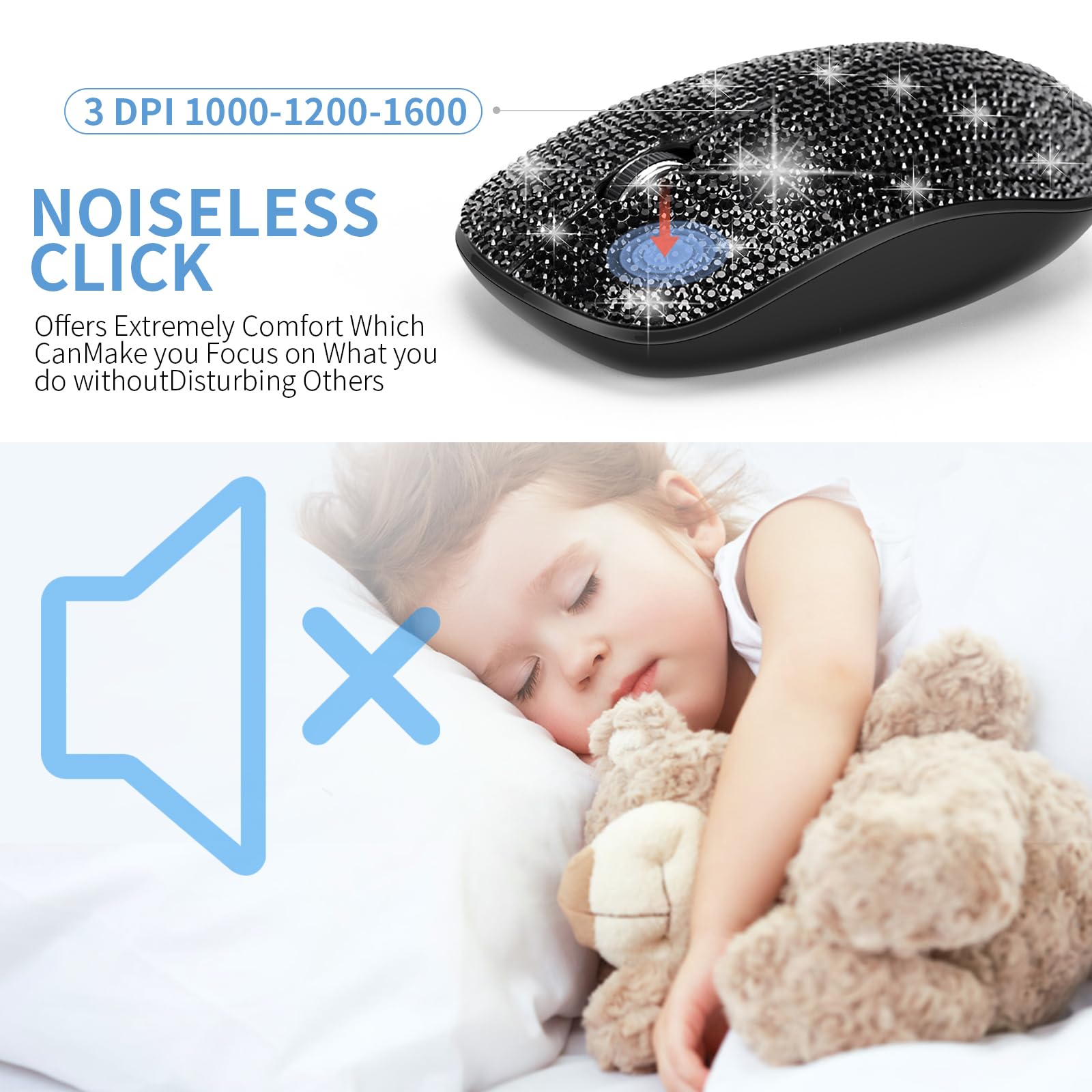 Dazzling Luxury Keyboard And Mouse Wireless, Sparkly Bling Rhinestone Wireless Mouse And Keyboard Gift Set (Black)