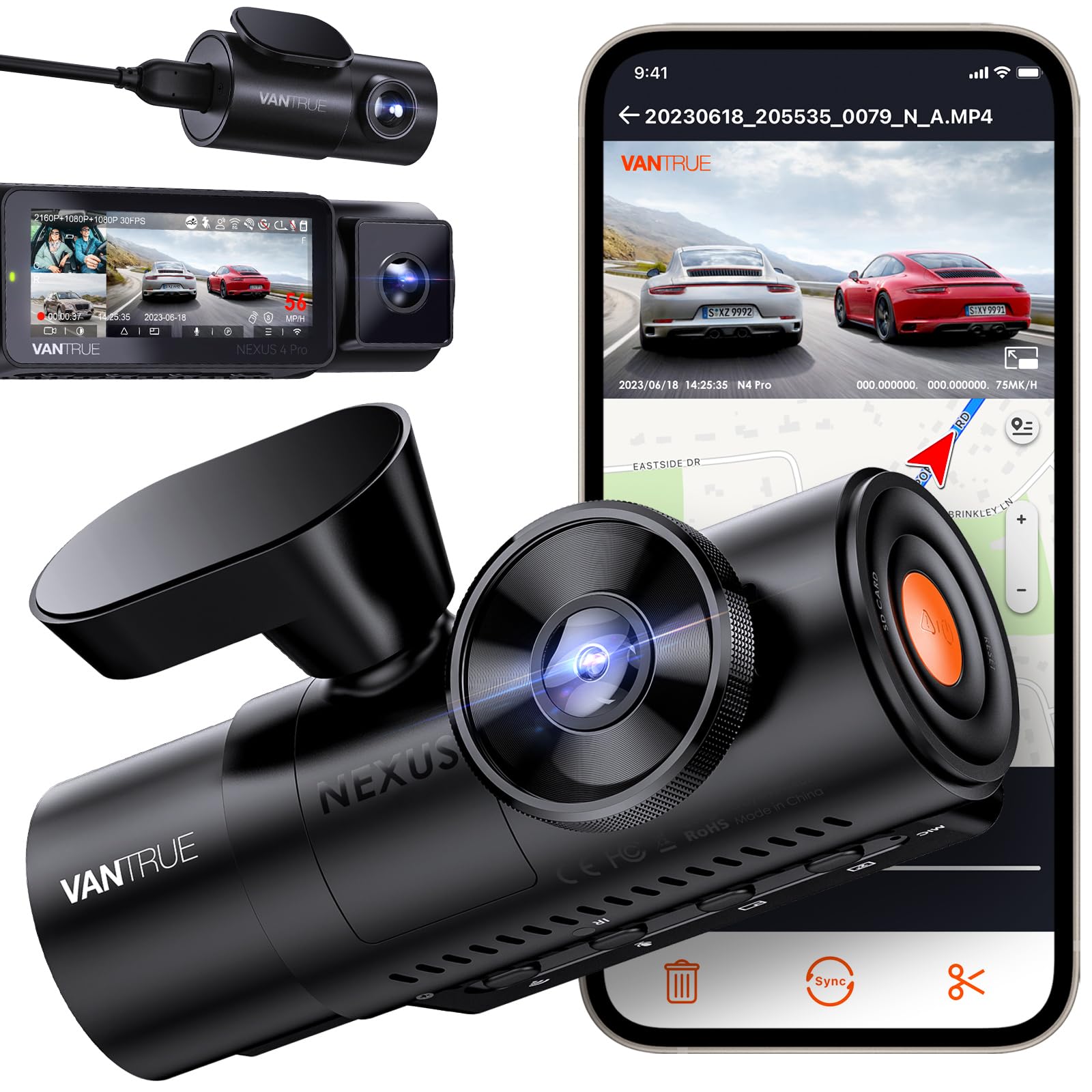 Vantrue N4 Pro 3 Channel 4K Wifi Dash Cam, Starvis 2 Imx678 Night Vision, 4K+1080P+1080P Front Inside And Rear Triple Car Camera