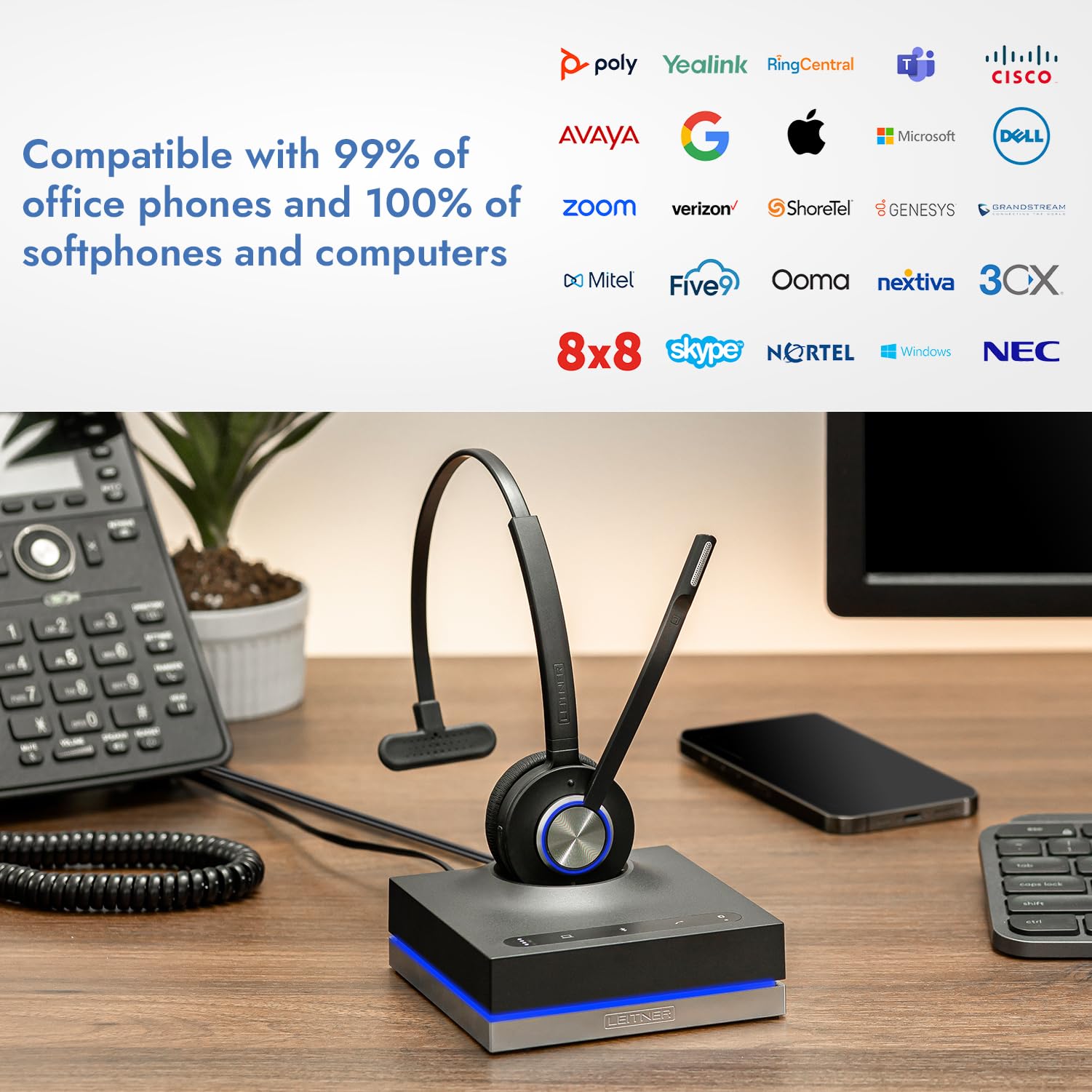 Leitner Lh670 3 In 1 Wireless Office Headset With Mic   Wireless Dect Headset For Office Phone, Computer And Cell Phone   5 Year