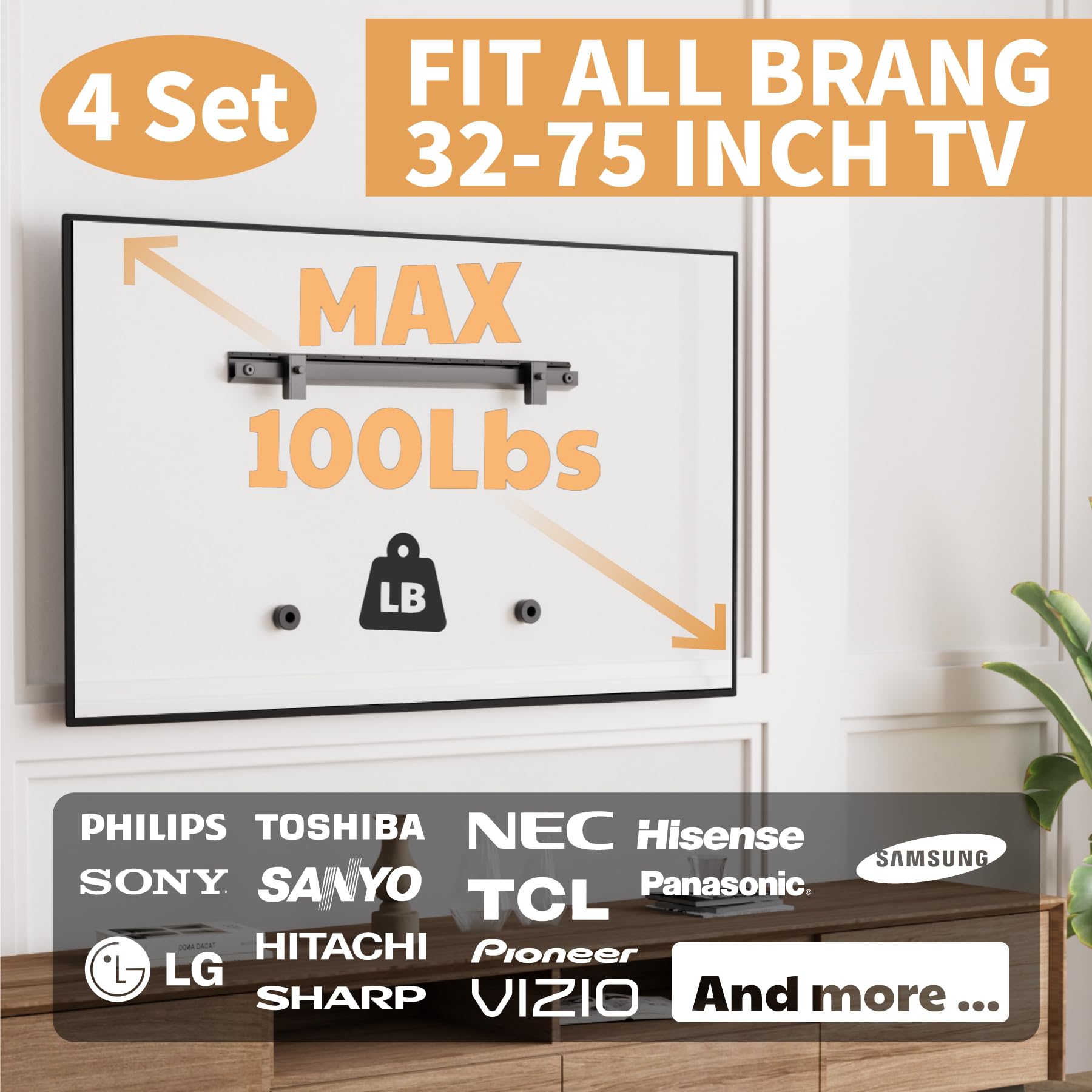 Aentgiu 4 Set Studless Tv Wall Mount, Heavy Duty Drywall Tv Bracket Hanger For 32 75 Inch Flat Screen Tvs, No Stud, No Drill, No Anchors, Easy Install With All Hardware Included