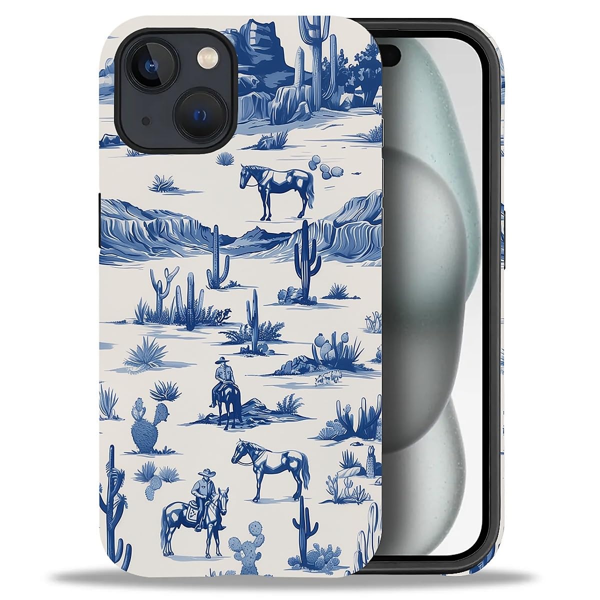 Fkbrcl4U For Iphone 15 Case, Hybrid 2-Layer Silicone Protective Matte Case For Girl Women Western Cowboy Horse Cow Desert Cacti 