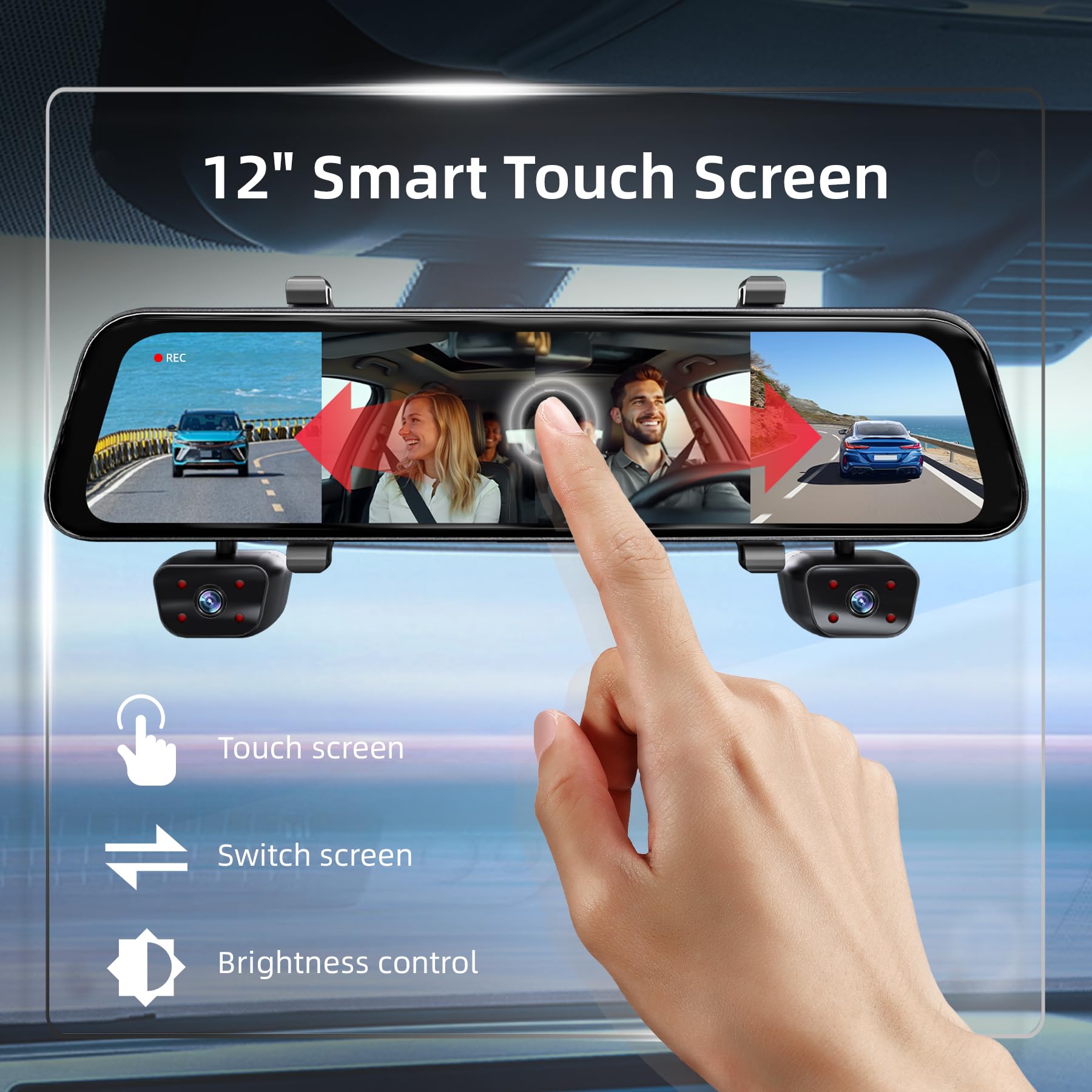 2025 Rear View Mirror Camera, 4 Channel Mirror Dash Cam Front And Rear Inside, 12 Touch Screen 360 Dash Camera For Cars, Wi-Fi,