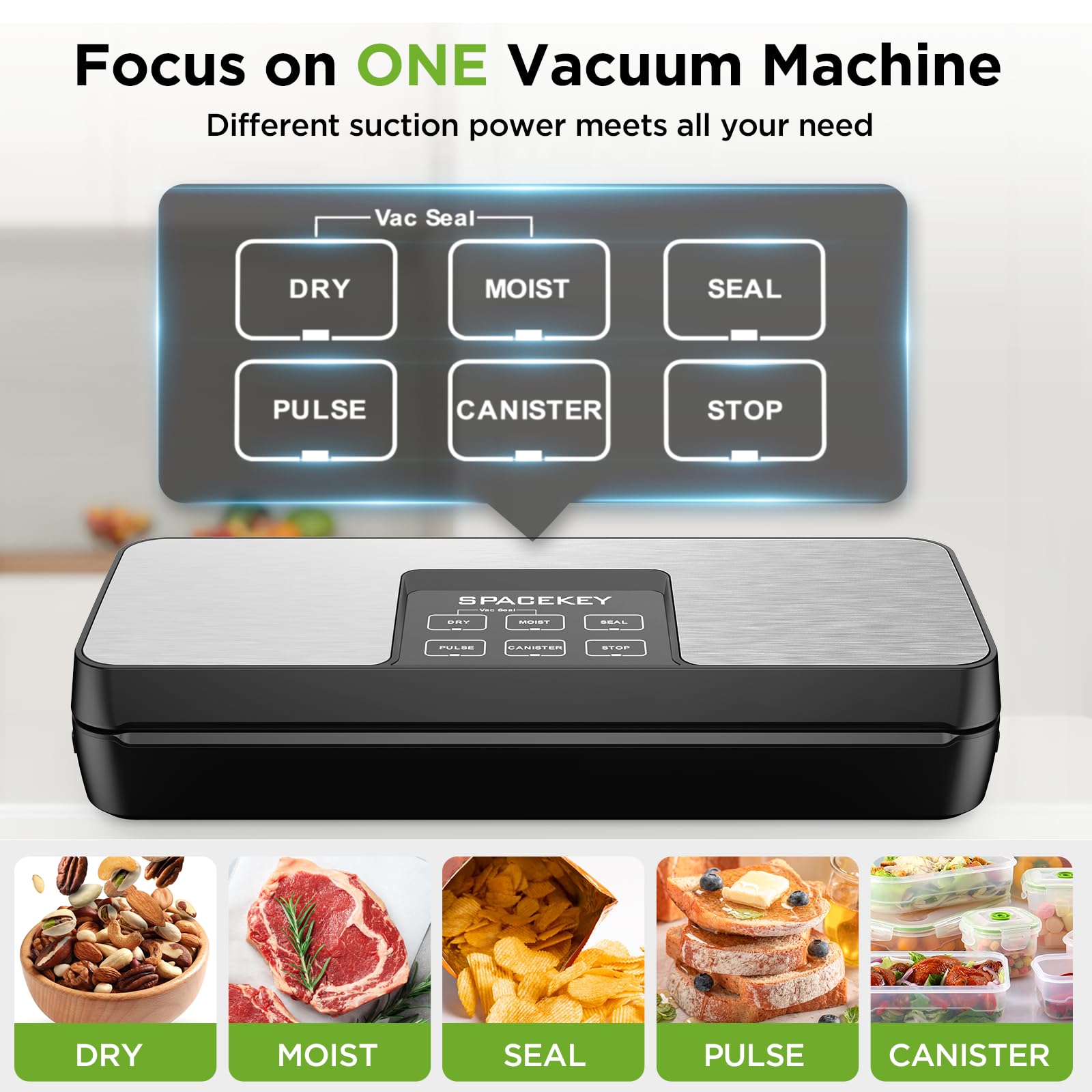 Spacekey Vacuum Sealer Machine, 85Kpa Food Sealer With Bag Roll Storage Space, 8 In 1 Food Vacuum Machine, Pulse Function, Dry&M