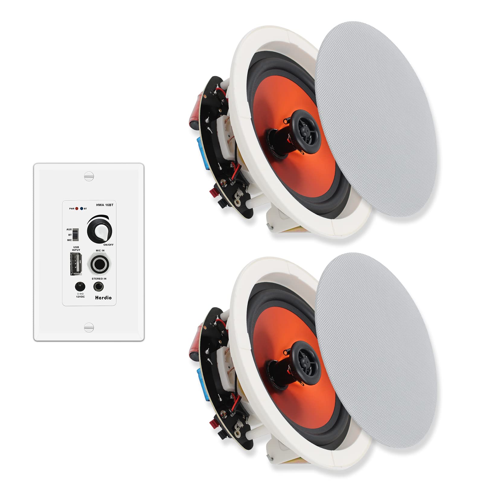 Herdio 6.5 Inch Ceiling Speakers Bluetooth (Pairs) 320 Watt Flush Mount In Wall Amplifier Receiver Perfect For Indoor Home & Cov