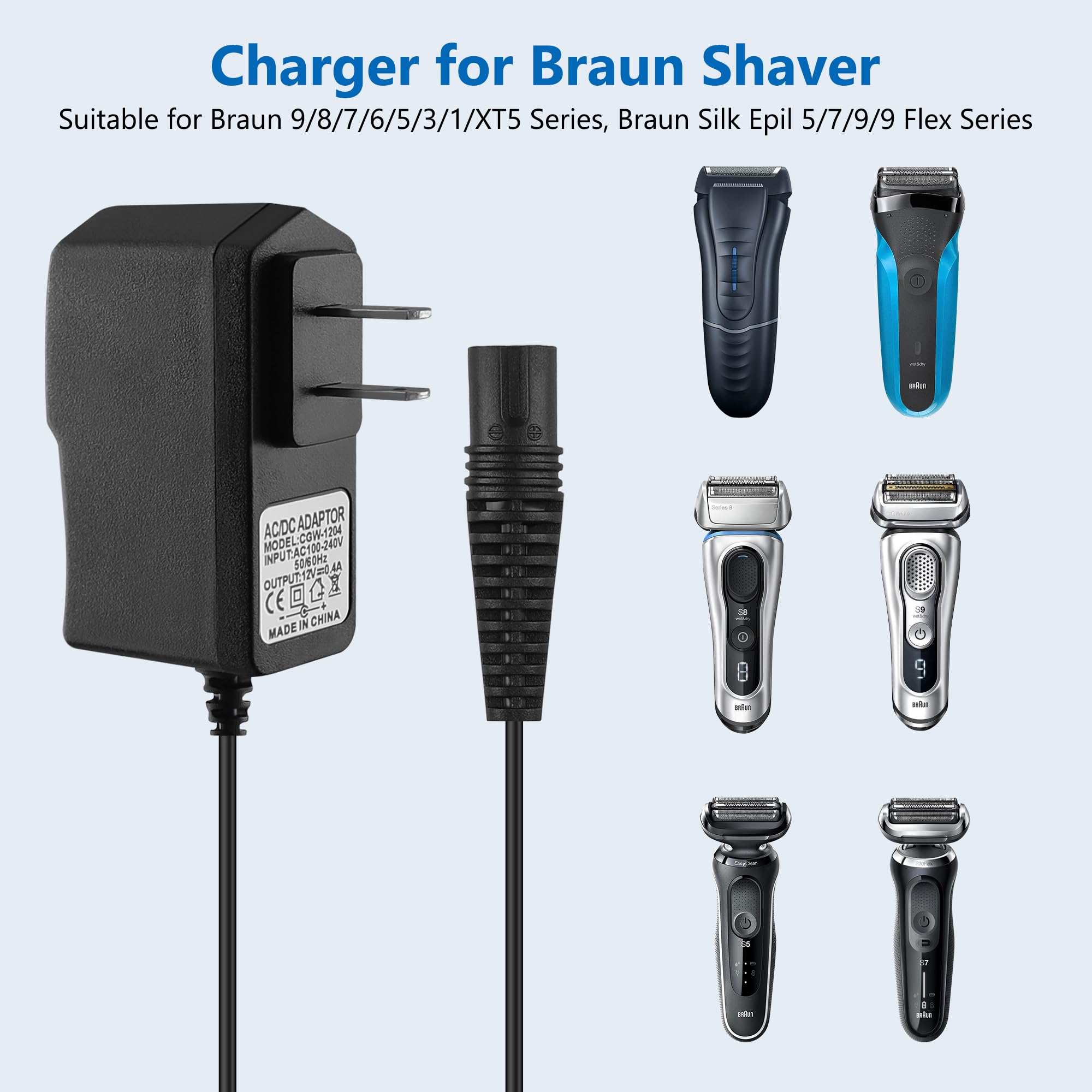 Fnktql 12V Charger For Braun Shaver 9 8 7 6 5 3 1 Xt5 Series, Power Cord For Braun S3 S6 S7 S8 S5 S9 S1 Electric Razor 3040S 340
