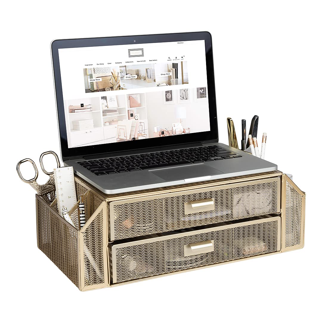 BLU MONACO | Monitor Stand with Drawer Storage | Desk Top Monitor Stand Riser Gold | Computer Support Organizer Elevador de Moni
