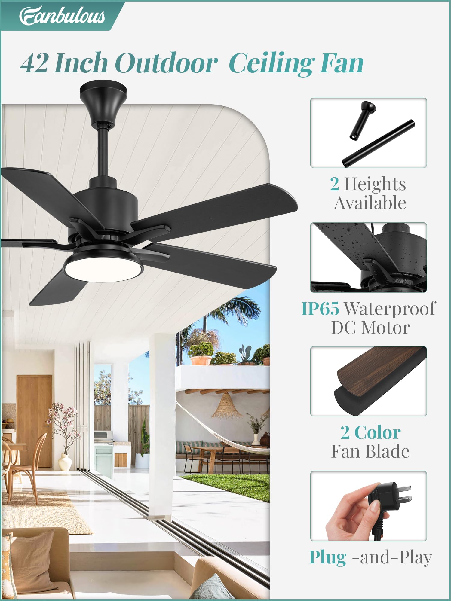 Fanbulous 42'' Outdoor Ceiling Fans With Light For Patios, Ip65 Waterproof Gazebo Fan, Plug In Ceiling Fan With Remote, 3Cct 6-S